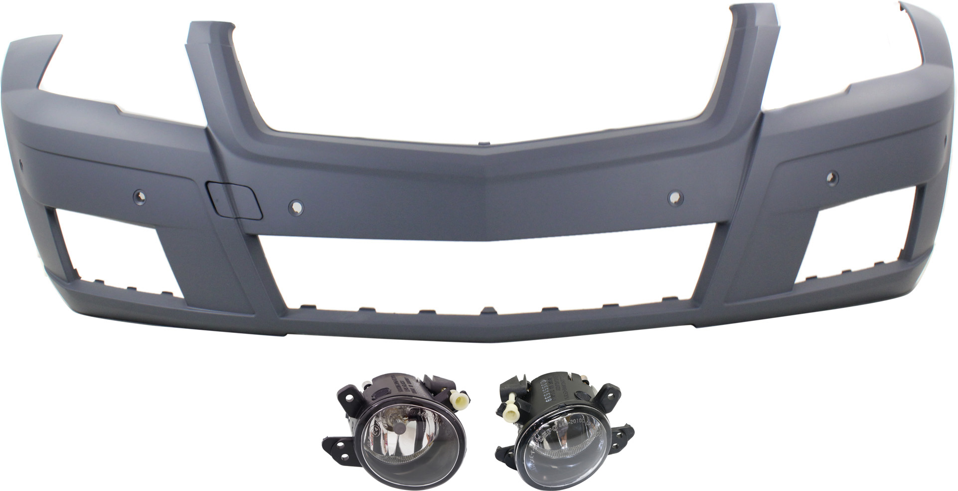 AM GLK350-10-12 FRONT BUMPER COVER Primed 3 pc kit with Fog Lights SKU KIT BCFL 0470 Partslink MB1000300 MB2592114 MB2593114 OEM 2048804340-2518200756-25182008