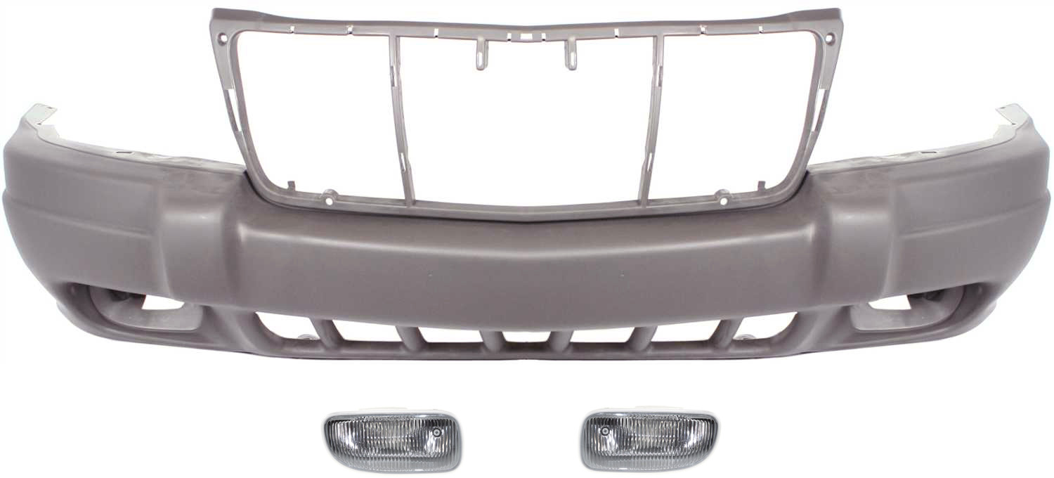 AM GRAND CHEROKEE 99-03 FRONT BUMPER COVER 3 pc kit with Fog Lights SKU KIT BCFL 0503 Partslink CH1000312 CH2593125 CH2592125 OEM 5FN29VF7AB 5FN29WLPAB 55155136