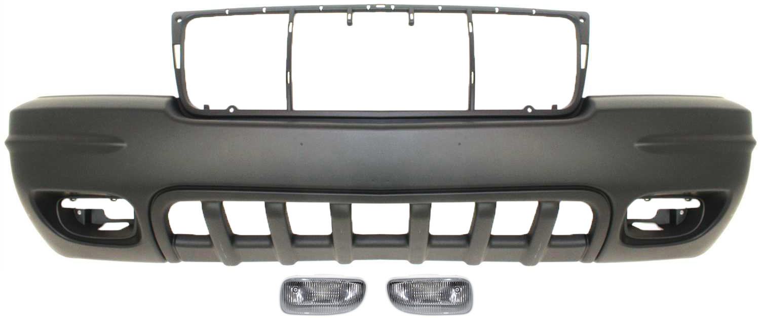 AM GRAND CHEROKEE 01-03 FRONT BUMPER COVER 3 pc kit with Fog Lights SKU KIT BCFL 0505 Partslink CH1000311 CH2593125 CH2592125 OEM 5083100AA 55155136AC 55155137A