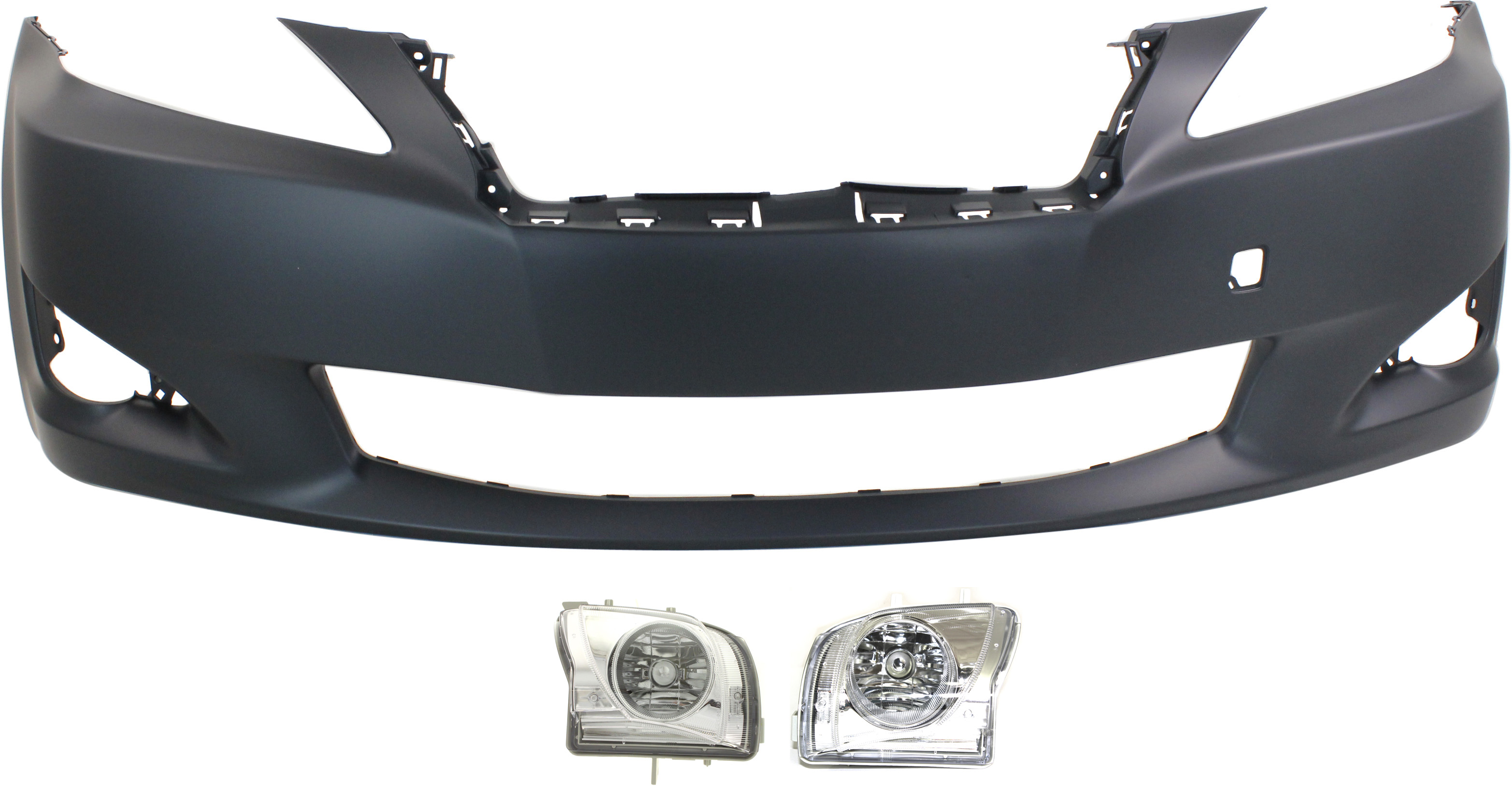 AM IS250 IS350-09-10 FRONT BUMPER COVER 3 pc kit with Fog Lights SKU KIT BCFL 0586 Partslink LX1000188 OEM 5211953945-8122153290 PFM 8121