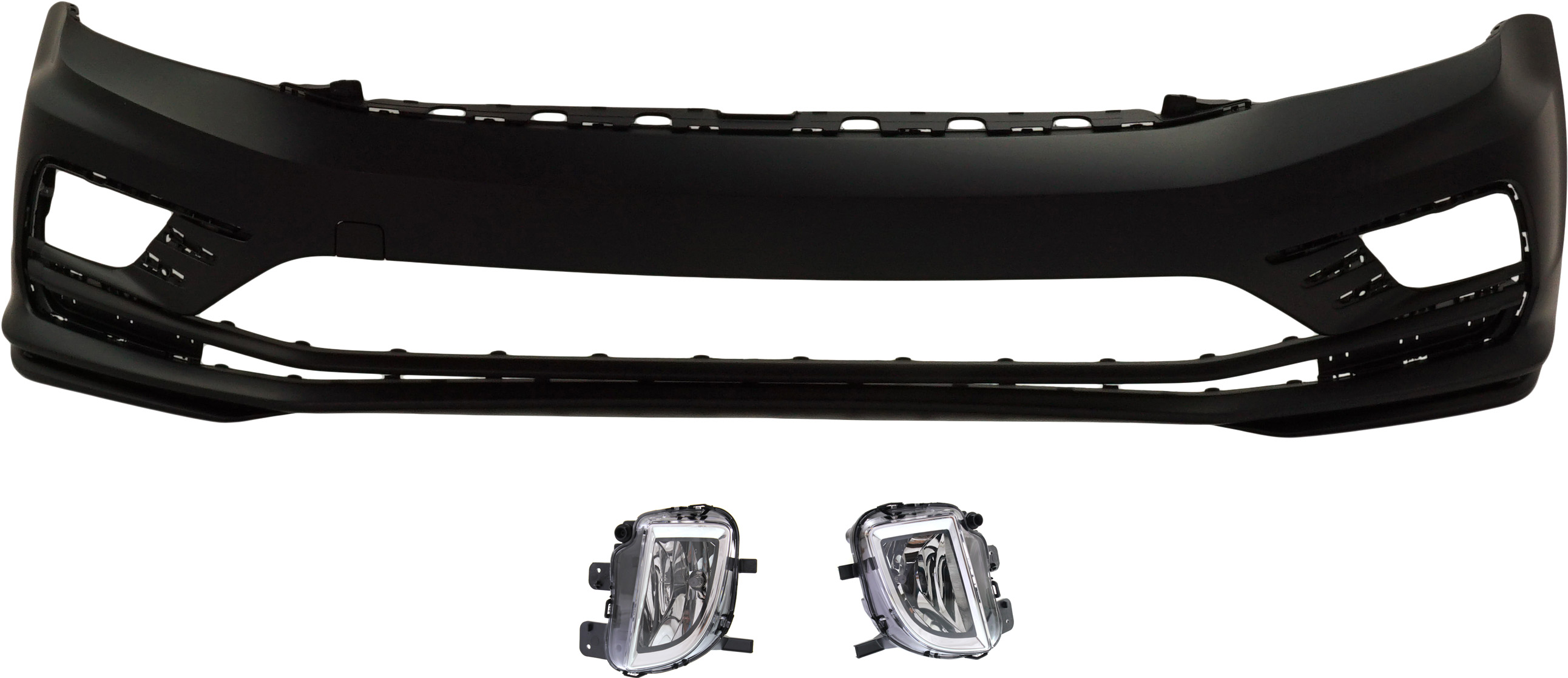 AM JETTA 16-17 FRONT BUMPER COVER Primed 3 pc kit with Fog Lights SKU KIT BCFL 0612 Partslink VW1000242 VW2592124 VW2593124 OEM 5C6807217ALGRU 5K0941700E 5K09
