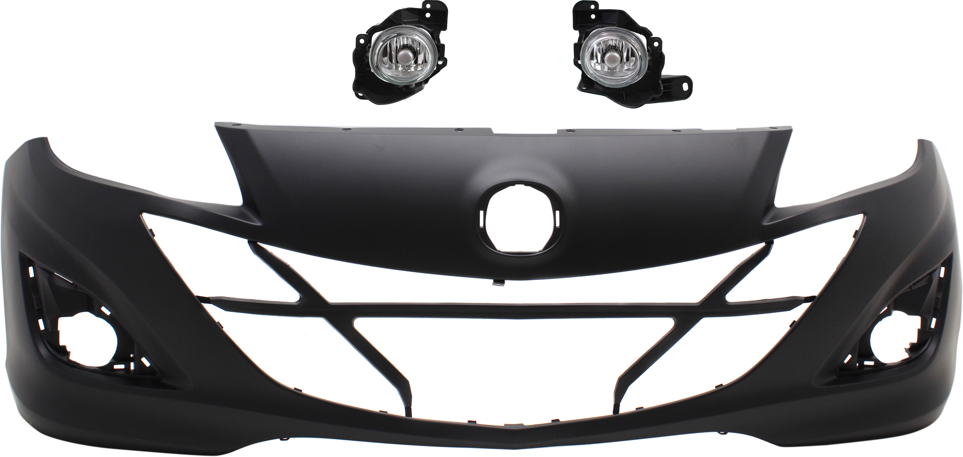 AM MAZDA 3-10-13 FRONT BUMPER COVER 3 pc kit with Fog Lights SKU KIT BCFL 0645 Partslink MA1000232 MA2592118 MA2593118 OEM BBN650031EBB BBN651690B BBN651