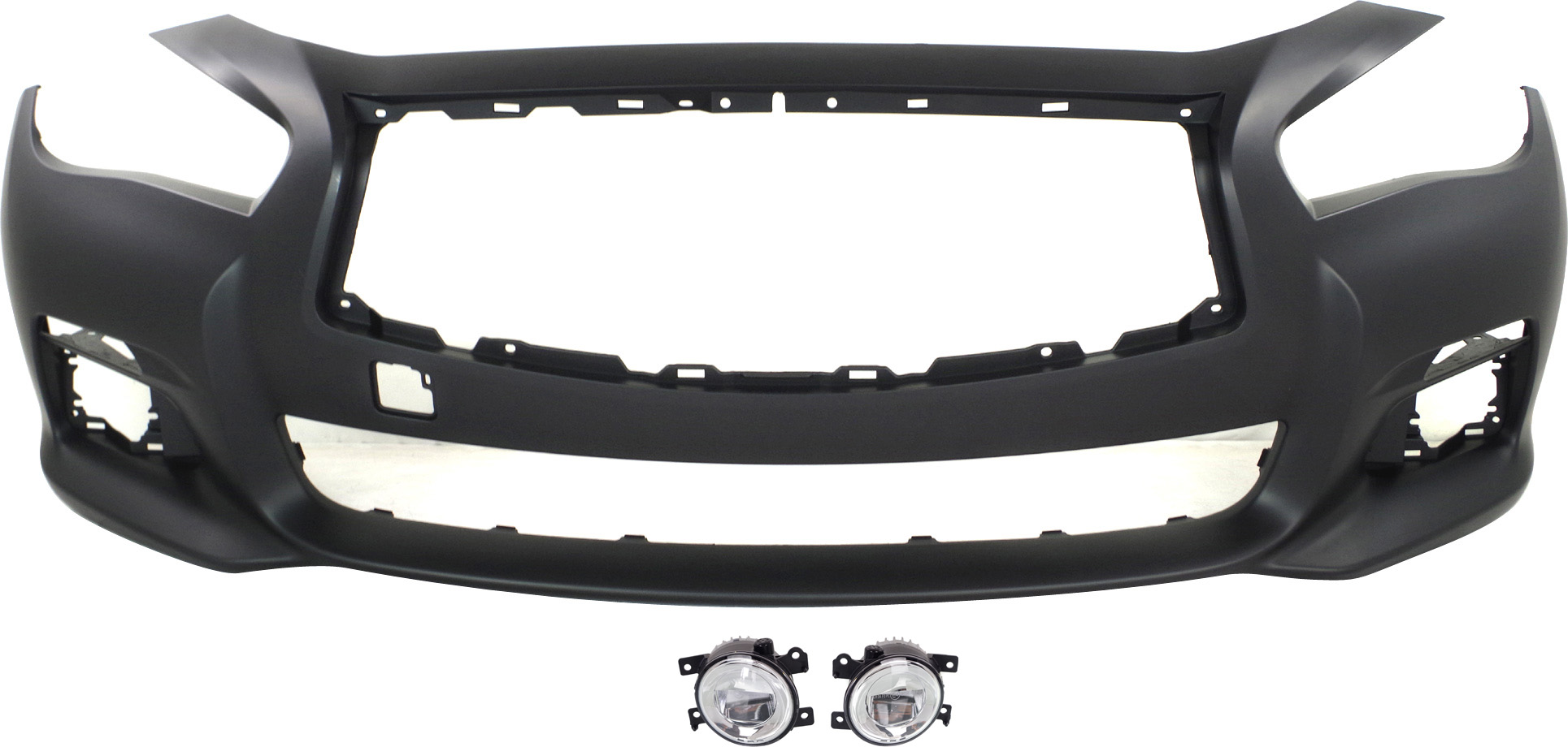 AM Q50-14-17 FRONT BUMPER COVER Primed 3 pc kit with Fog Lights SKU KIT BCFL 0768 Partslink IN1000256 IN2592108 IN2593108 OEM 620224HB0H 261554GA0B 261504GA