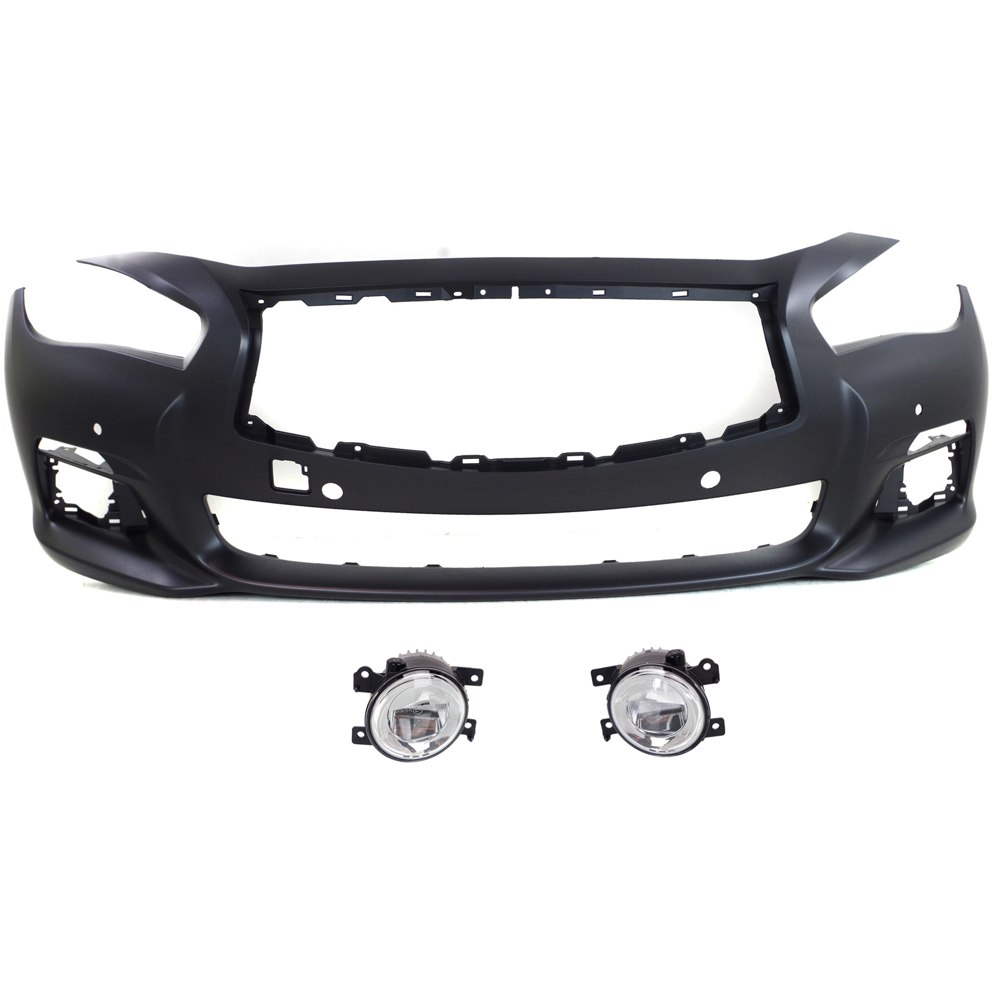 AM Q50-14-17 FRONT BUMPER COVER 3 pc kit with Fog Lights SKU KIT BCFL 0770 Partslink IN1000257 IN2592108 IN2593108 OEM 620224HC0H 261554GA0B 261504GA