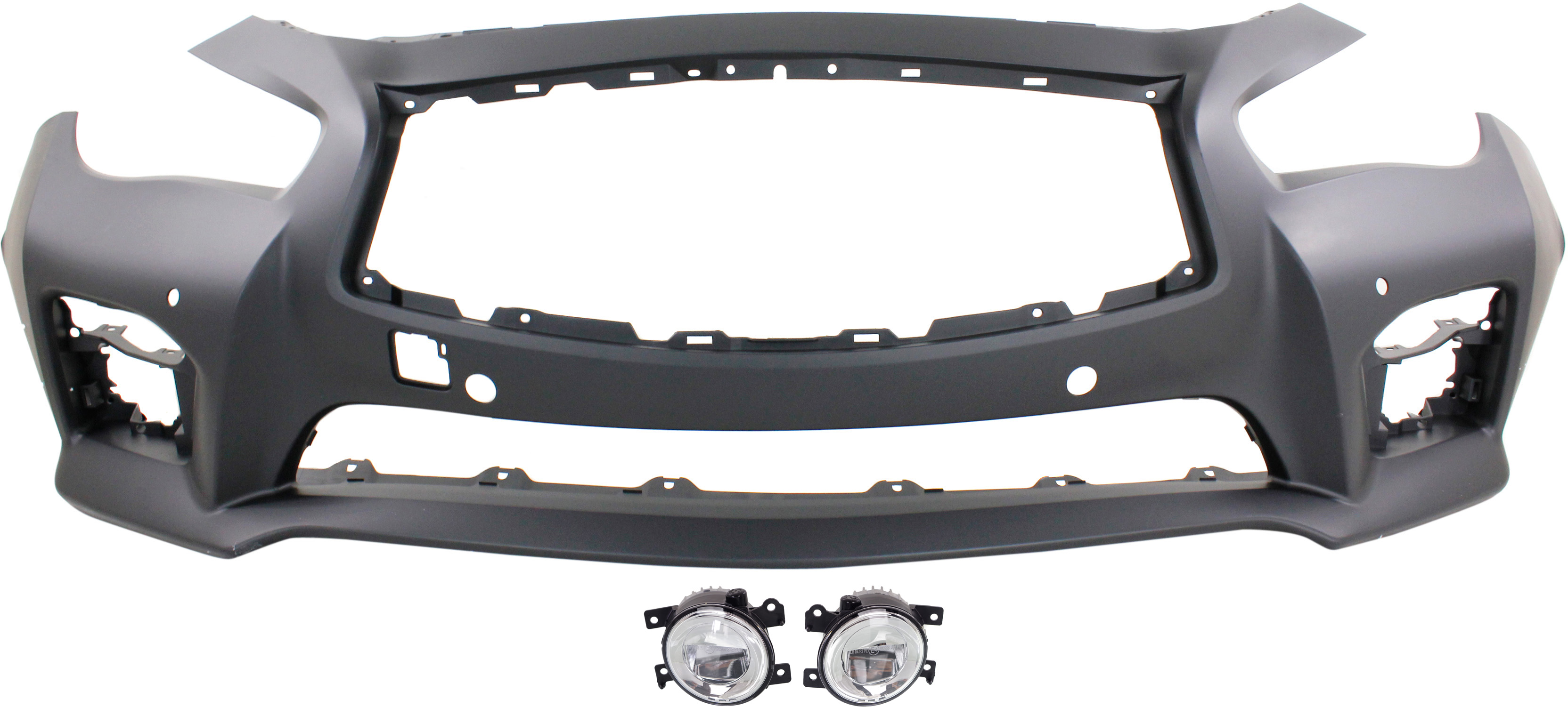 AM Q50-14-17 FRONT BUMPER COVER 3 pc kit with Fog Lights SKU KIT BCFL 0772 Partslink IN1000259 IN2592108 IN2593108 OEM 620224HE0H 261554GA0B 261504GA