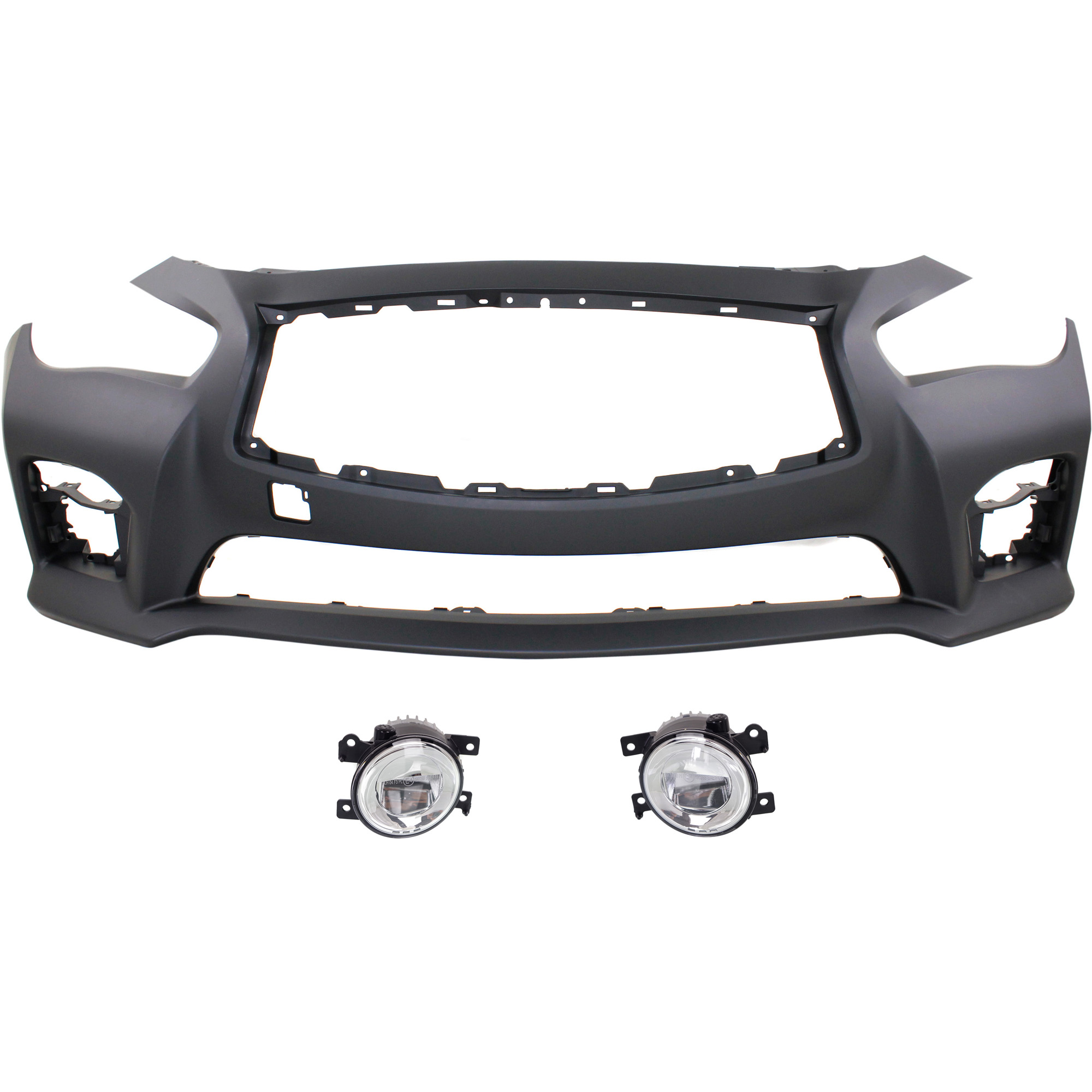 AM Q50-14-17 FRONT BUMPER COVER 3 pc kit with Fog Lights SKU KIT BCFL 0774 Partslink IN1000258 IN2592108 IN2593108 OEM 620224HD0H 261554GA0B 261504GA
