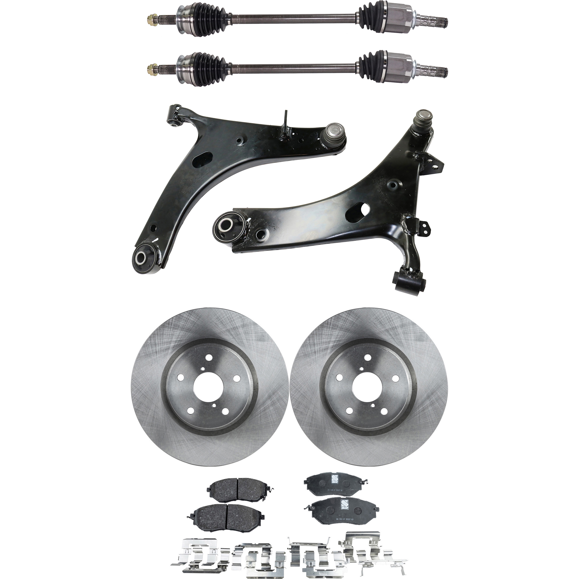 AM B9 TRIBECA 06-07 TRIBECA 08-14 FRONT CV AXLE ASSEMBLY RH AND LH 8 pc kit with Brake Disc Brake Pad Set and Control Arms SKU KIT J022222-004 OEM 26300XA00A 26296AG000-26296AG0