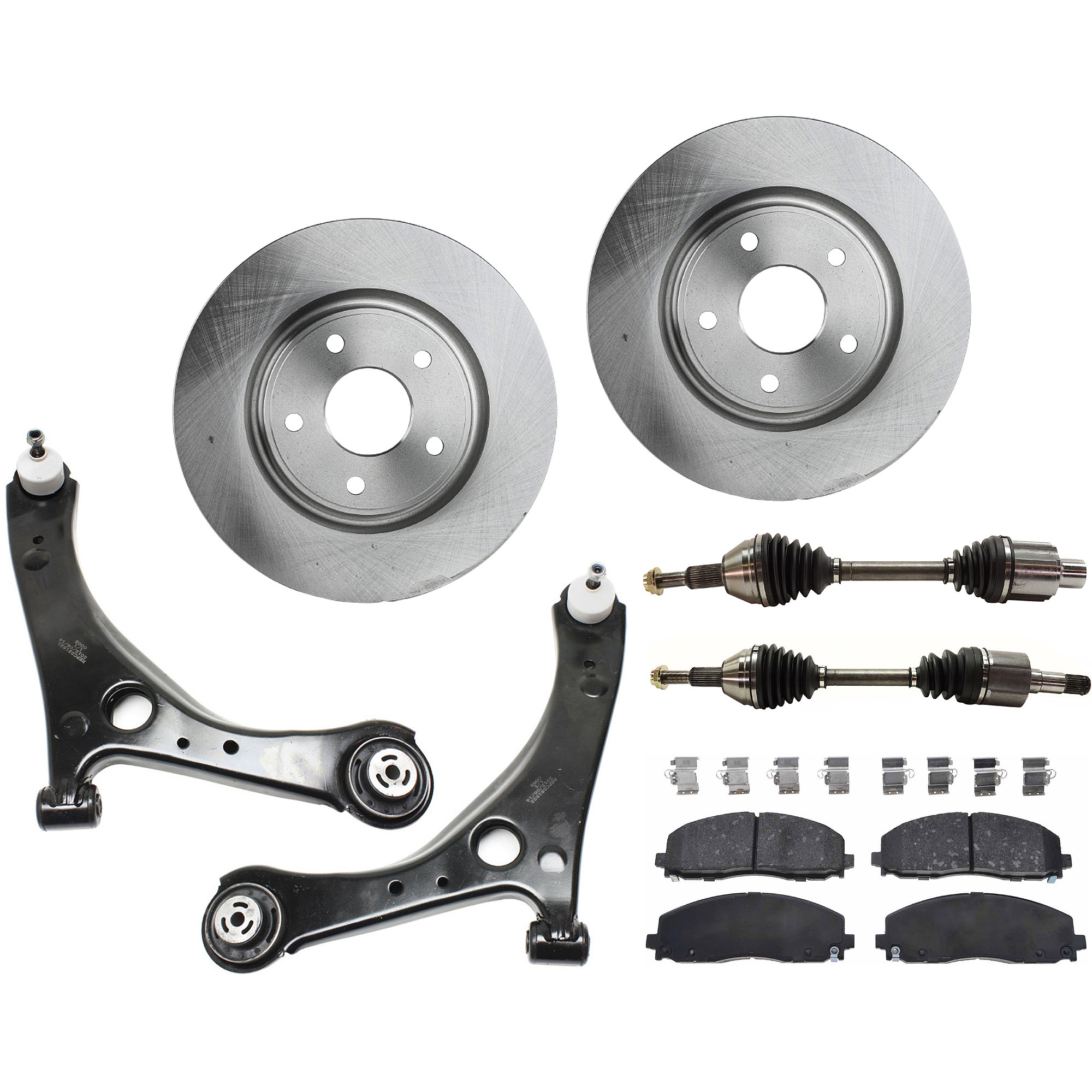 AM GRAND CARAVAN 12-20 TOWN COUNTRY 12-16 FRONT CV AXLE ASSEMBLY RH AND LH 8 pc kit with Brake Disc Brake Pad Set and Control Arms SKU KIT J022222-023 OEM 43179-53068-780964-850313-6004