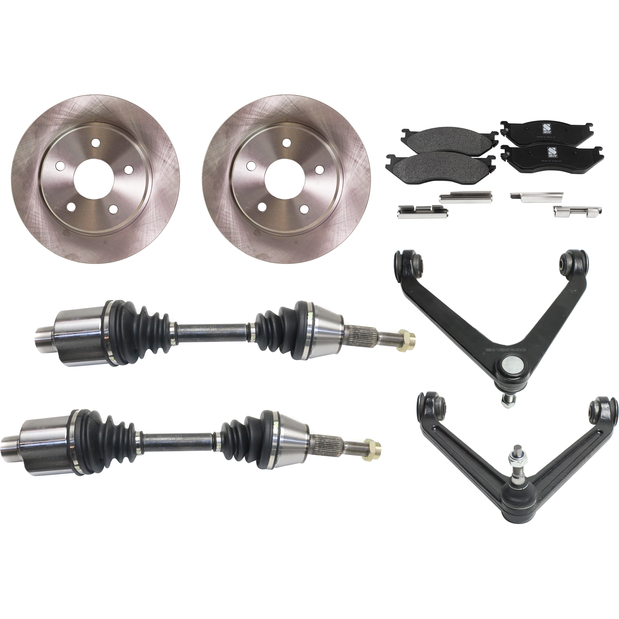 AM RAM 1500-02-02 FRONT CV AXLE ASSEMBLY RH AND LH 8 pc kit with Brake Discs Brake Pad Set and Control Arms SKU KIT J030422-0005 OEM 5072389AA 5072389AB 52010080AA