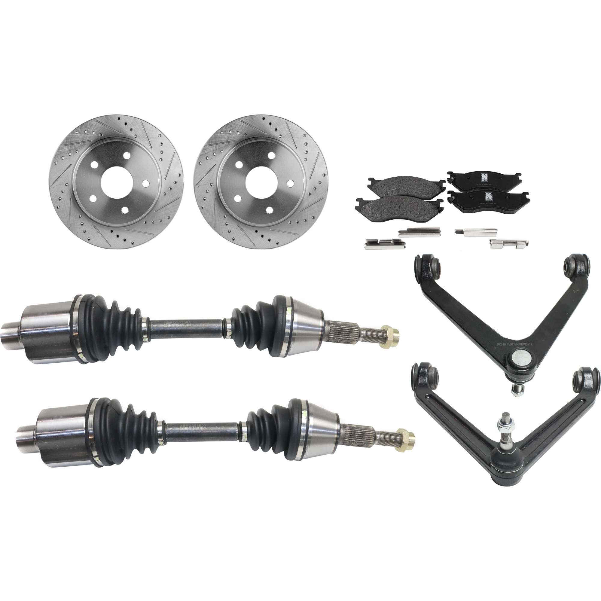 AM RAM 1500-02-02 FRONT CV AXLE ASSEMBLY RH AND LH 8 pc kit with Brake Discs Brake Pad Set and Control Arms SKU KIT J030422-0008 OEM 5072389AA 5072389AB 2414-19966