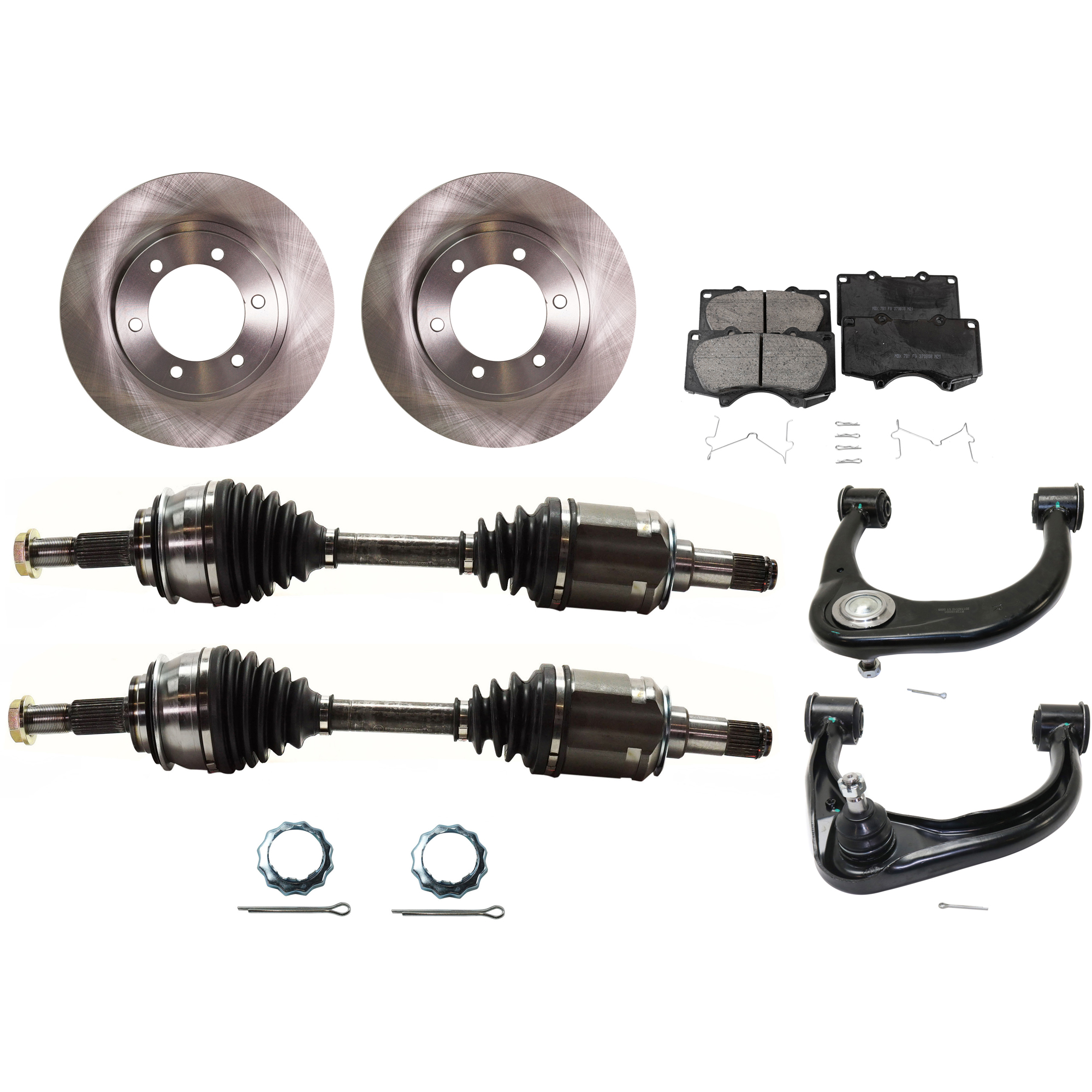 AM TACOMA 16-20 FRONT CV AXLE ASSEMBLY RH AND LH 8 pc Kit with Brake Disc Brake Pad Set and Control Arm SKU KIT J030422-0020 OEM 4351235320-4351235321-04465040