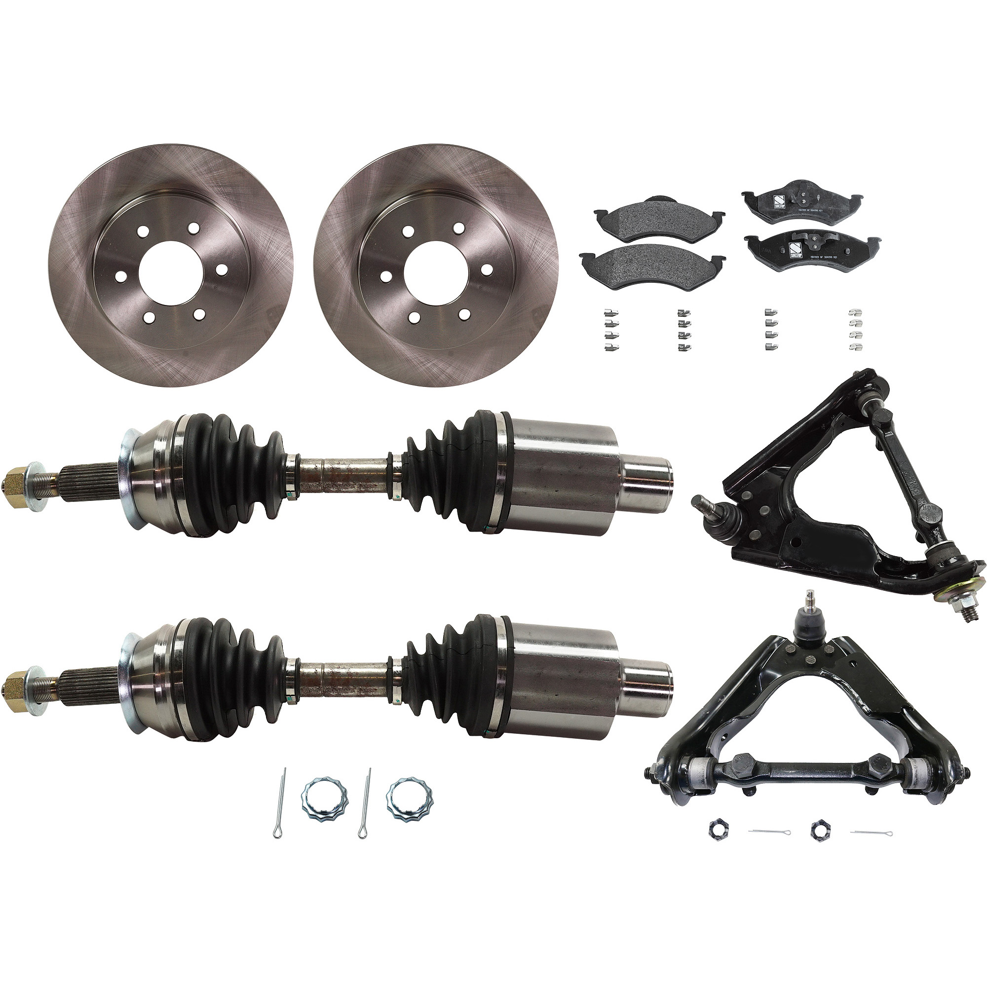 AM DAKOTA DURANGO 01-02 FRONT CV AXLE ASSEMBLY RH AND LH 8 pc kit 4WD with Brake Discs Brake Pad Set and Control Arms SKU KIT J030422-0029 OEM 52009208-5016167AA 5016167AB 5
