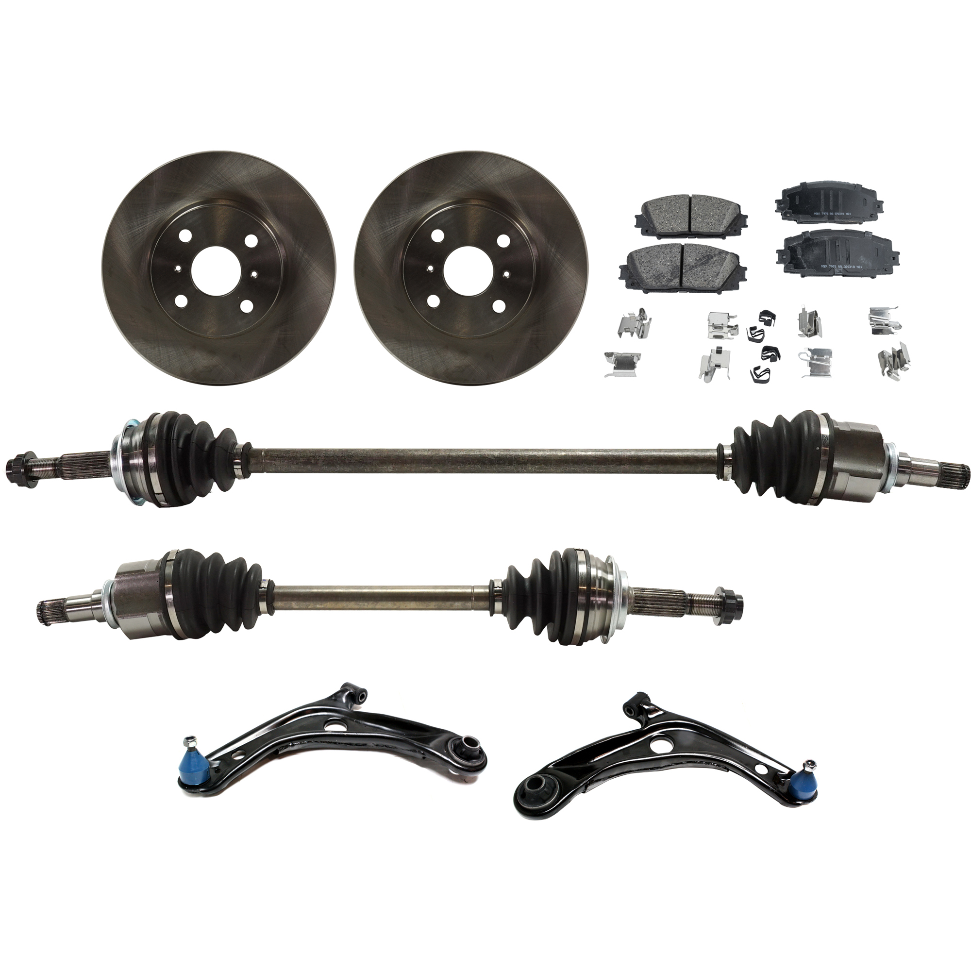 AM YARIS 07-14 FRONT CV AXLE ASSEMBLY RH AND LH 8 pc kit with Brake Discs Brake Pad Set and Control Arms SKU KIT J030422-0061 OEM 4351252120-3501011G08-435120D1