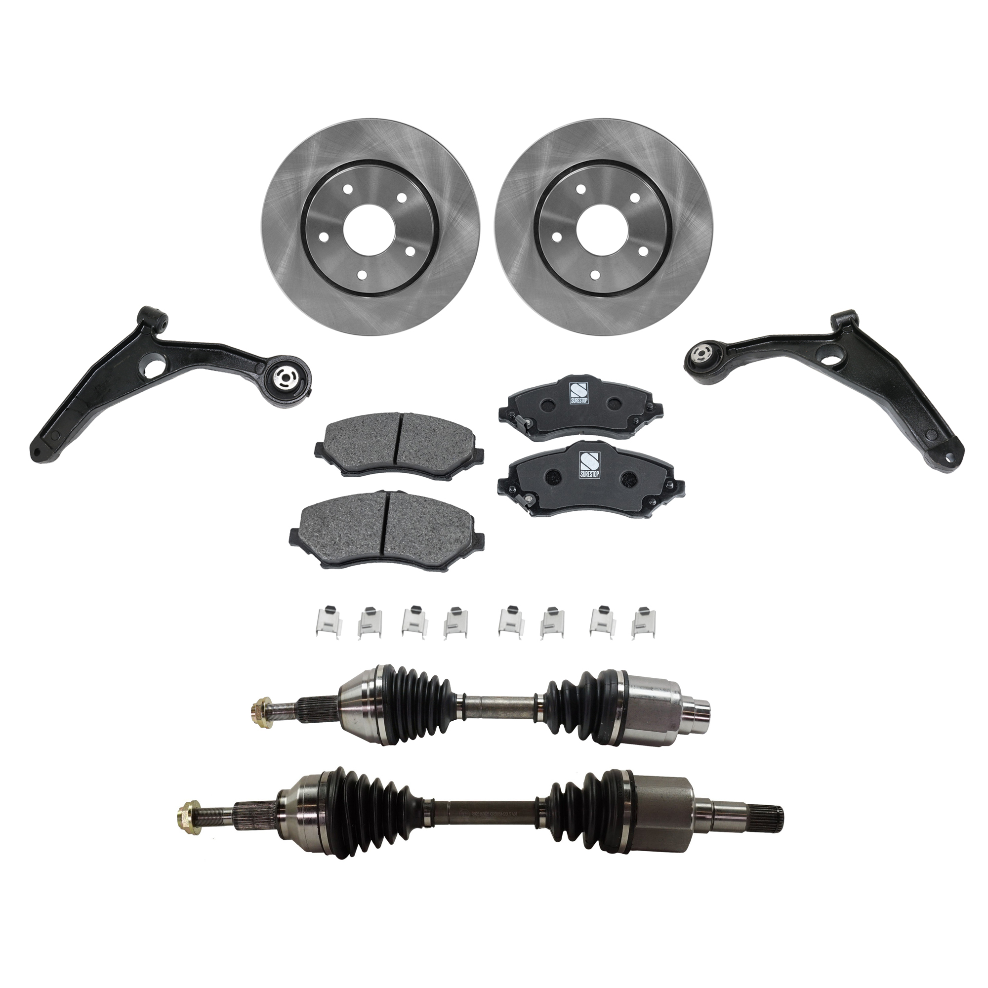 AM JOURNEY 11-13 FRONT CV AXLE ASSEMBLY RH AND LH 8 pc kit with Brake Disc Brake Pad Set and Control Arms SKU KIT J030422-0091 OEM 4721995AA 4721933AB 4779783AA