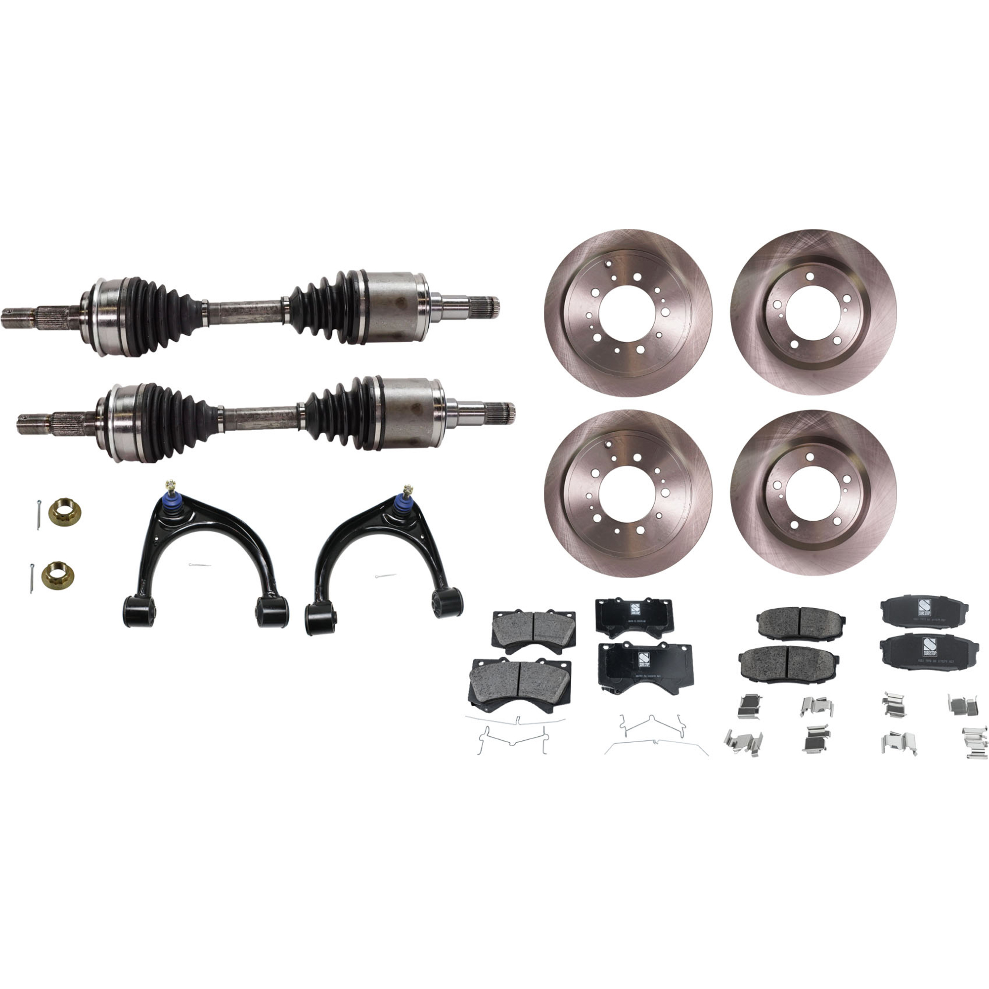 AM TUNDRA 07-21 SEQUOIA 08-21 FRONT CV AXLE ASSEMBLY RH AND LH 12 pc kit with Brake Disc Brake Pad Set and Control Arm SKU KIT J030422-0097 OEM 435120C020-4351260210-424310C0