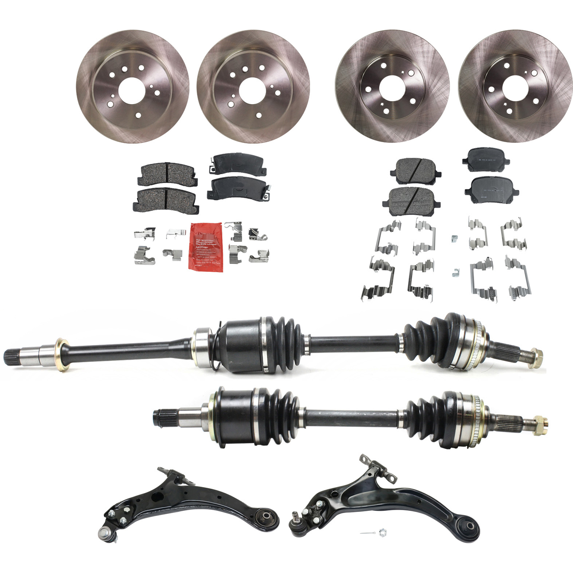 AM SOLARA 99-00 FRONT CV AXLE ASSEMBLY RH AND LH 12 pc kit w Brake Discs Brake Pad Sets and Control Arms SKU KIT J030422-0117 OEM 4351233070-4243133010-42431330