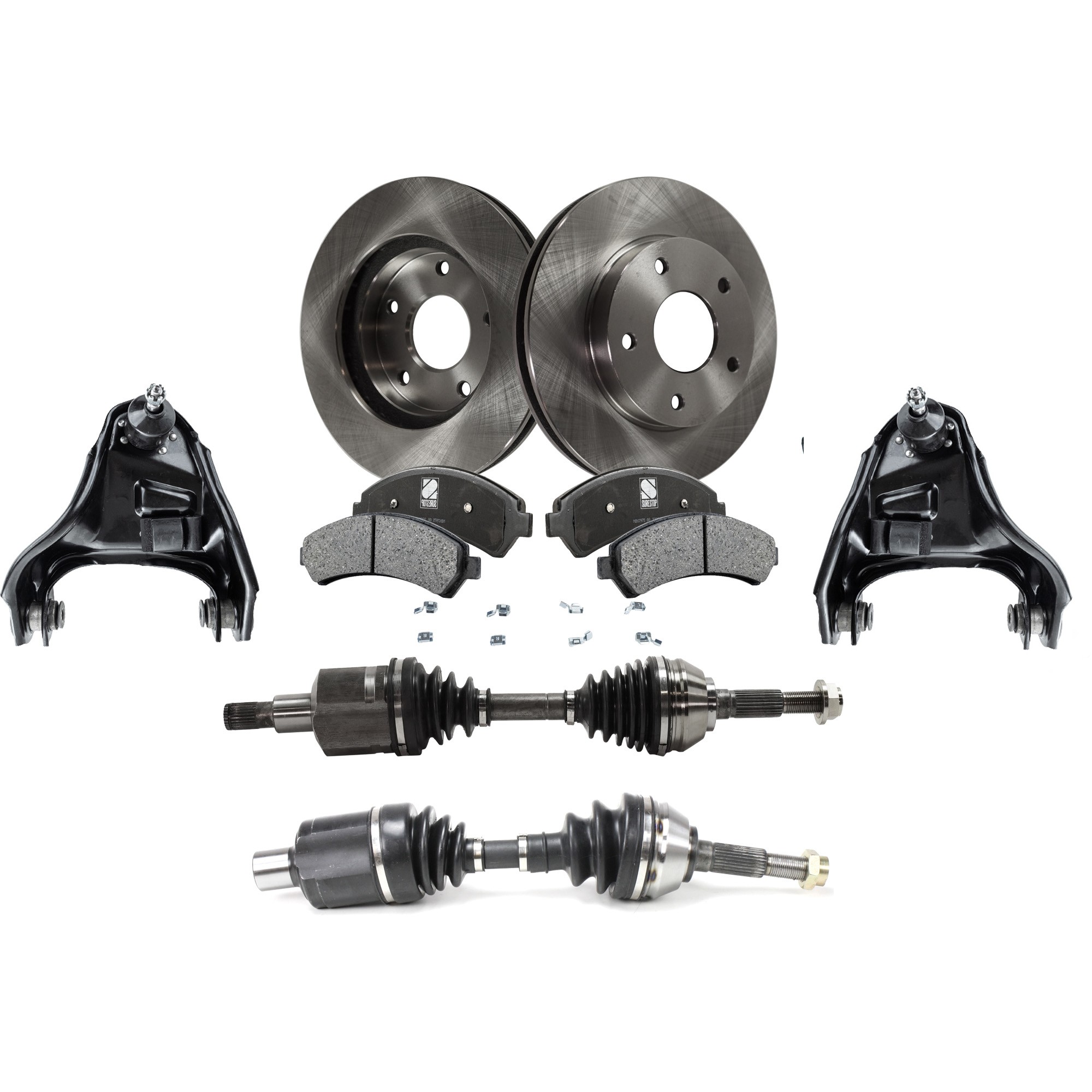 AM BLAZER 98-05 BRAVADA 97-01 FRONT CV AXLE ASSEMBLY RH AND LH 8 pc kit with Brake Discs Brake Pad Set and Control Arms SKU KIT J032822-029 Partslink GM4513100 GM4512100 OEM 15733699-18029791-18029863-180