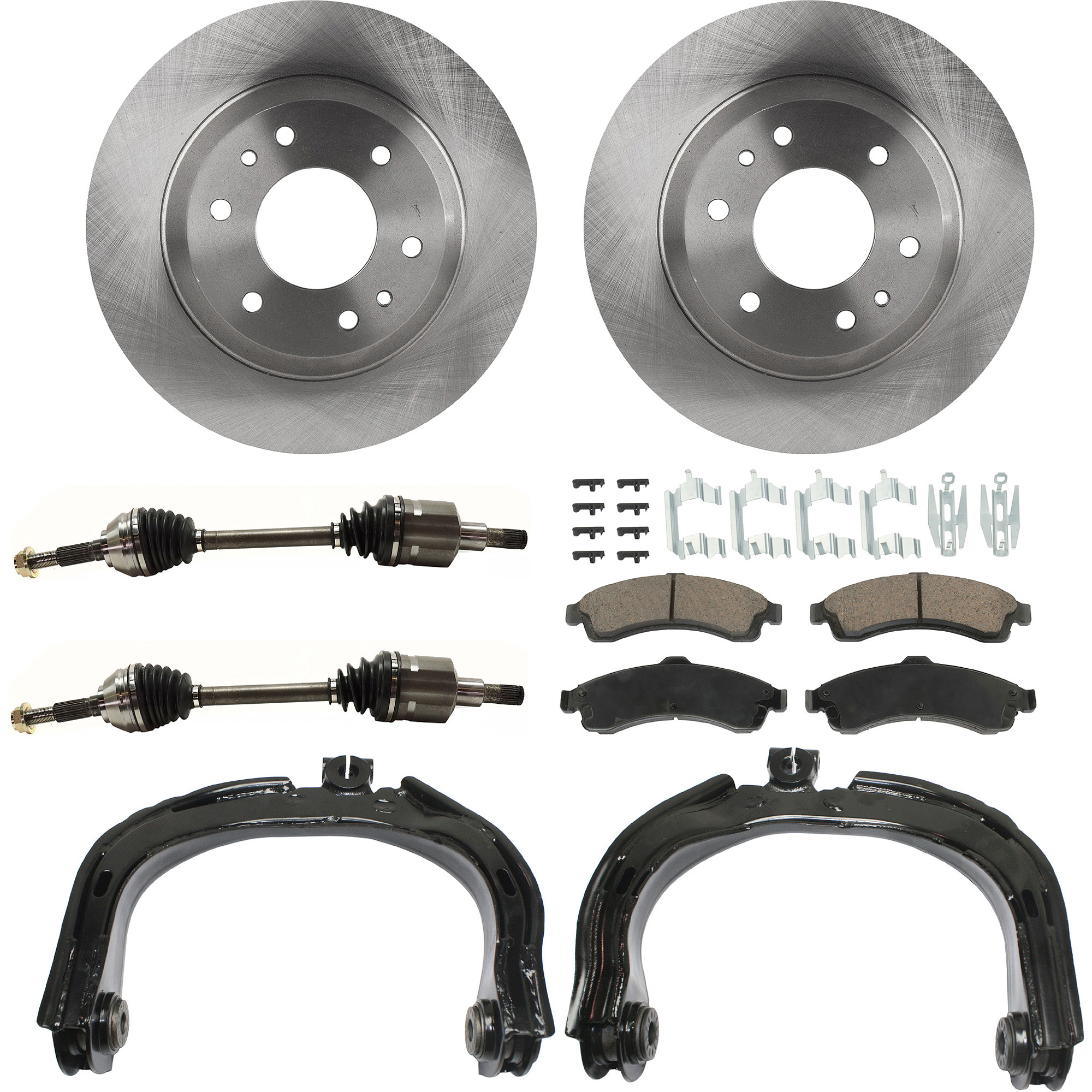 AM RAINIER 04-05 FRONT CV AXLE ASSEMBLY RH AND LH 8 pc kit with Brake Discs Brake Pad Set and Control Arms SKU KIT J032822-059 OEM 26079789-8260797890-8180606640