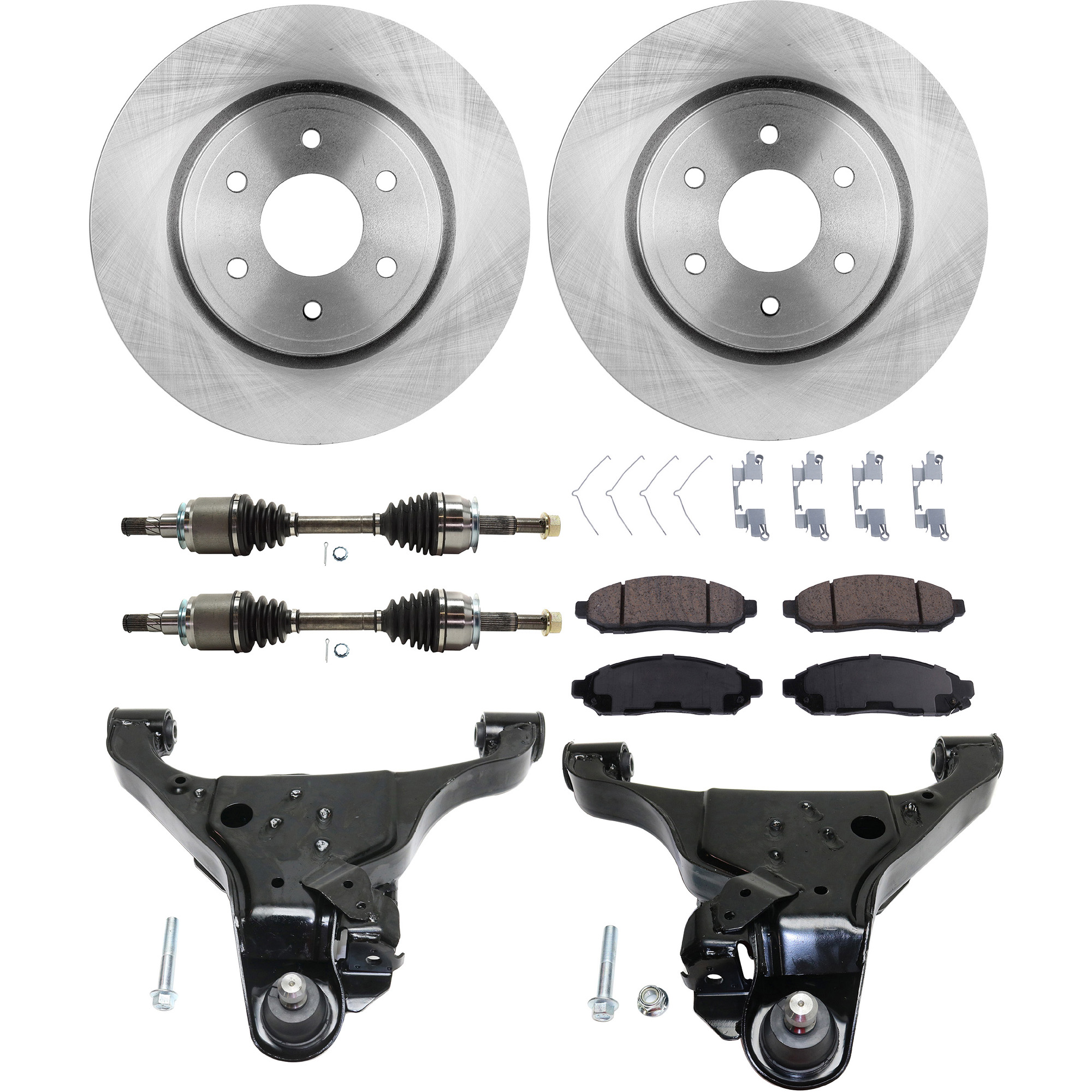 AM FRONTIER 05-19 XTERRA 05-15 FRONT CV AXLE ASSEMBLY RH AND LH 8 pc Kit with Brake Discs Brake Pad Set and Control Arms SKU KIT J032822-060 Partslink NI4510101 NI4511101 OEM 40206EB300-40206EA00A 402069BE