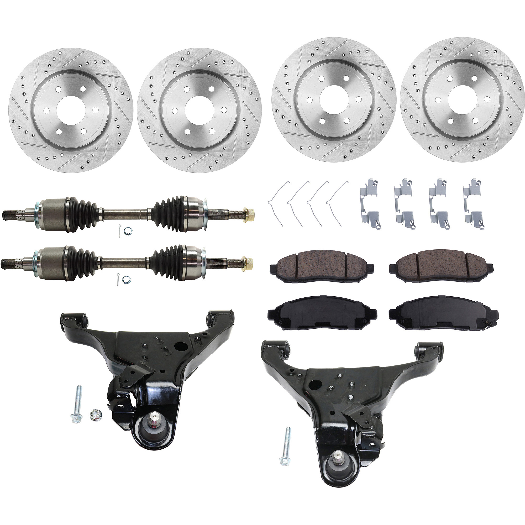 AM FRONTIER 05-19 XTERRA 05-15 FRONT CV AXLE ASSEMBLY RH AND LH 8 pc kit with Brake Discs Brake Pad Set and Control Arms SKU KIT J032822-062 Partslink NI4510101 NI4511101 OEM 31412-44310-60292-0832978-9002