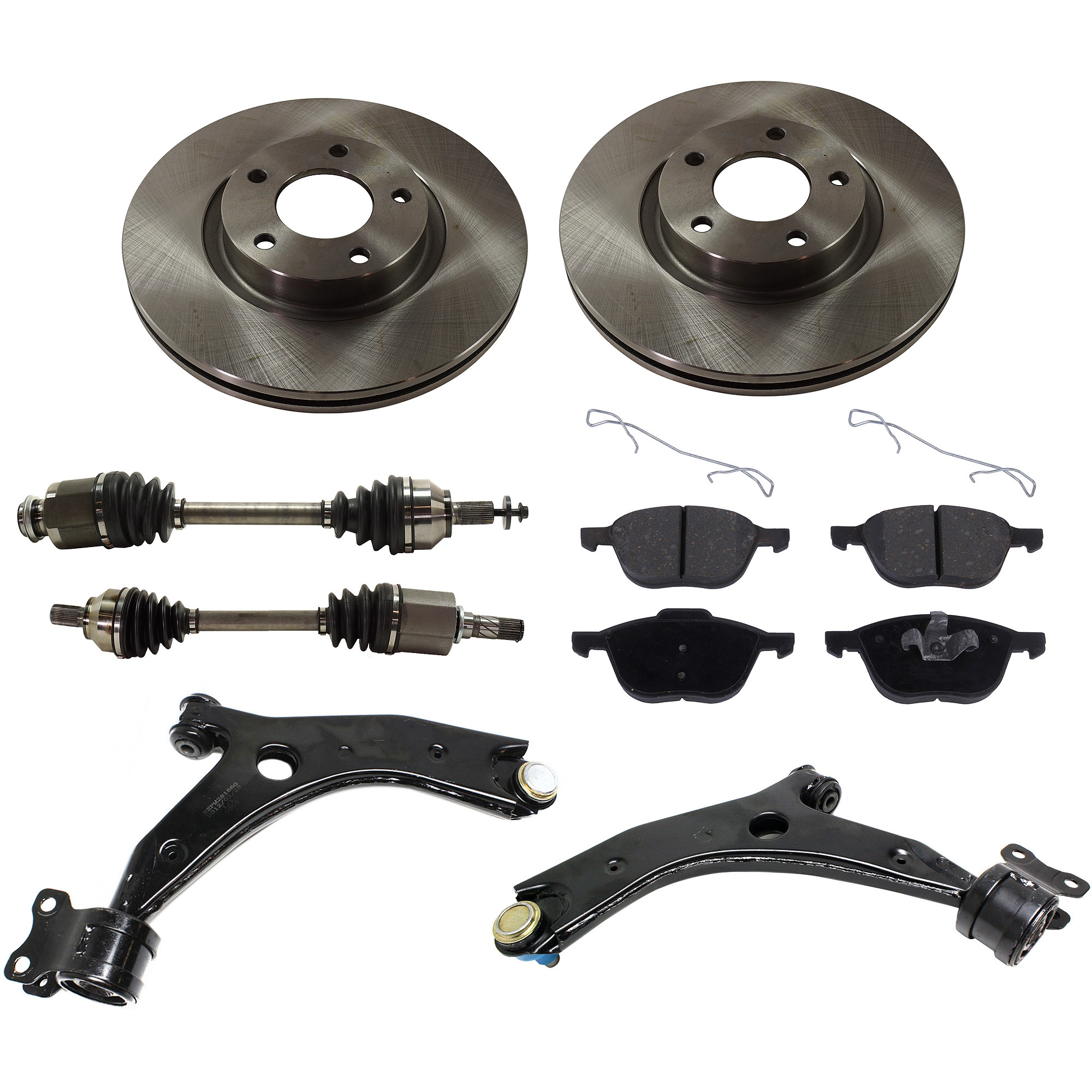 AM MAZDA 3-04-05 FRONT CV AXLE ASSEMBLY RH AND LH 8 pc kit with Brake Discs Brake Pad Set and Control Arms SKU KIT J032822-117 OEM BP6Y3325XD C26Y3325XA C26Y3325