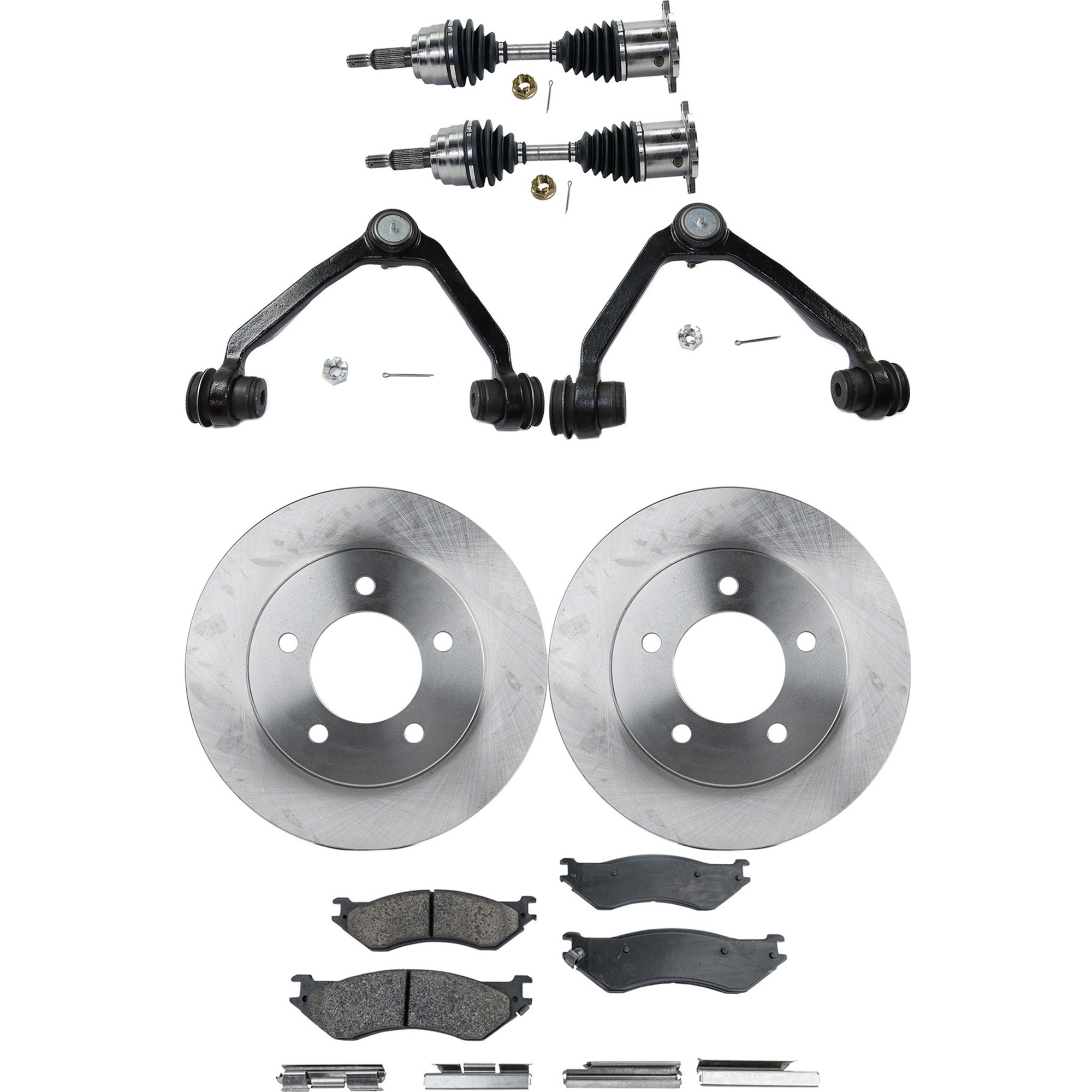 AM EXPEDITION NAVIGATOR 99-02 FRONT CV AXLE ASSEMBLY RH AND LH 8 pc kit with Brake Discs Brake Pad Set and Control Arms SKU KIT J040422-013 OEM YL1Z1125AA F75Z2001AA F75Z2001
