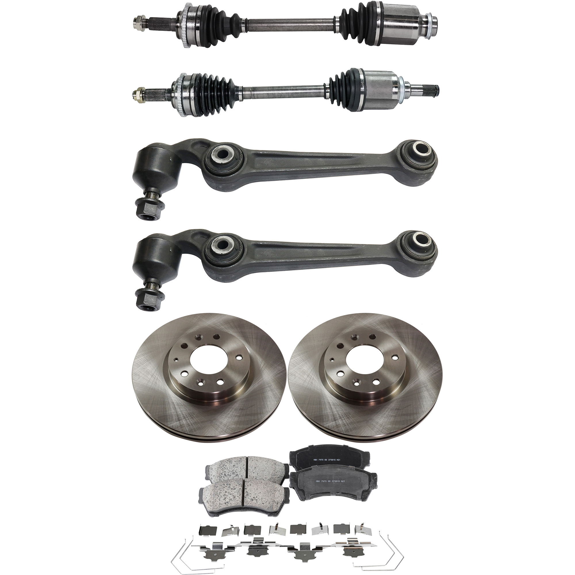 AM FUSION 10-12 MILAN 10-11 FRONT CV AXLE ASSEMBLY RH AND LH 7 pc kit with Brake Discs and Brake Pad Set and Control Arms SKU KIT J040422-016 OEM 6E5Z1125AA GP7Y3325XB 9E5Z1125