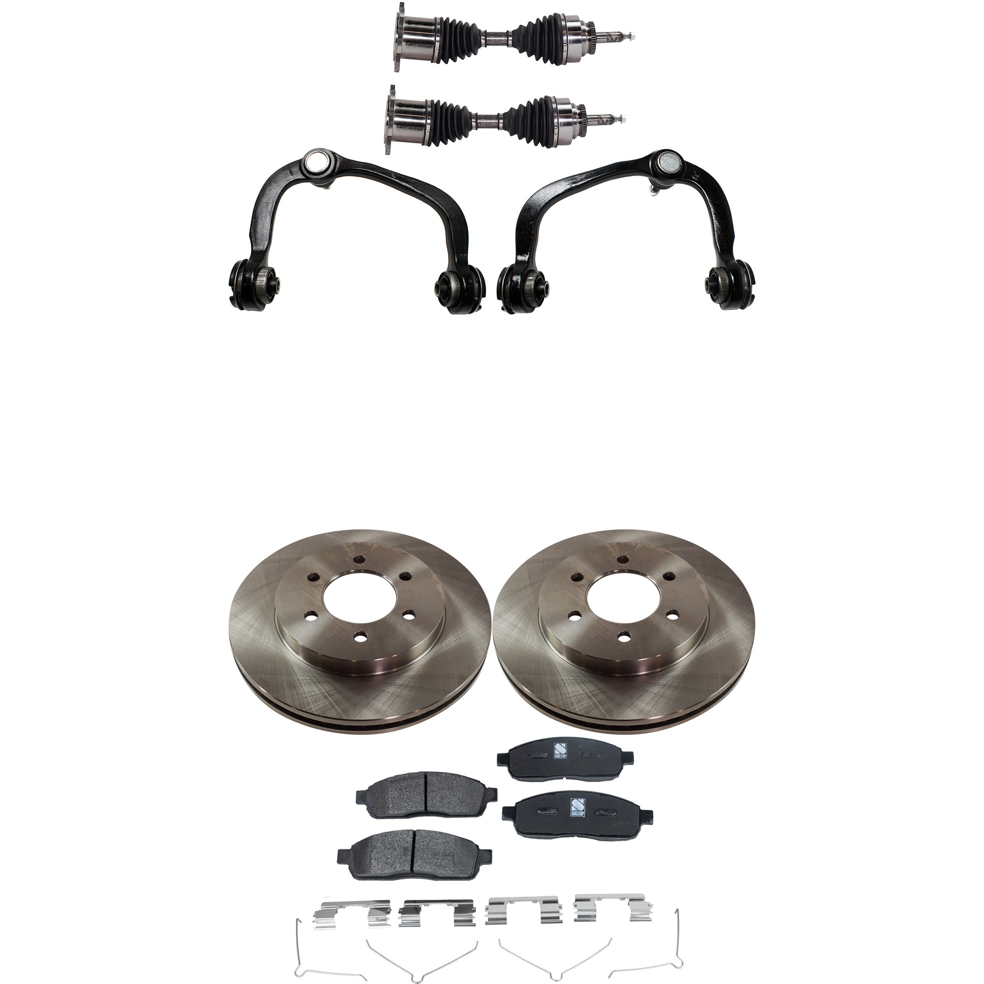 AM F 150-04-08 MARK LT 06-08 FRONT CV AXLE ASSEMBLY RH AND LH 8 pc Kit w Brake Discs Brake Pad Set and Control Arms SKU KIT J040422-017 OEM 4L3Z1125AA 4L3Z2001AB 4L3Z2001