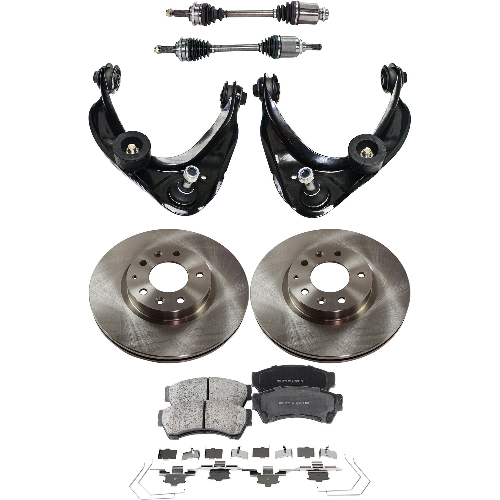 AM FUSION 10-12 MKZ 12-12 FRONT CV AXLE ASSEMBLY RH AND LH 8 pc kit with Brake Discs Brake Pad Set and Control Arms Hybrid Model SKU KIT J040422-026 OEM 6E5Z1125AA GP7Y3325XB 9E5Z1125