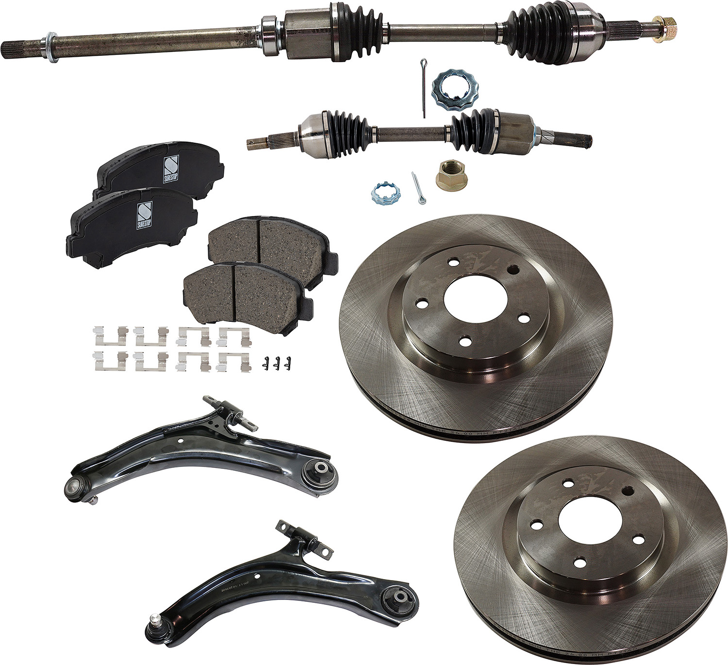 AM ROGUE 08-10 FRONT CV AXLE ASSEMBLY RH AND LH 8 pc kit with Brake Disc Brake Pad Set and Control Arm SKU KIT J041022-034 OEM 39100JG04C 39100JM10A 39101JG0