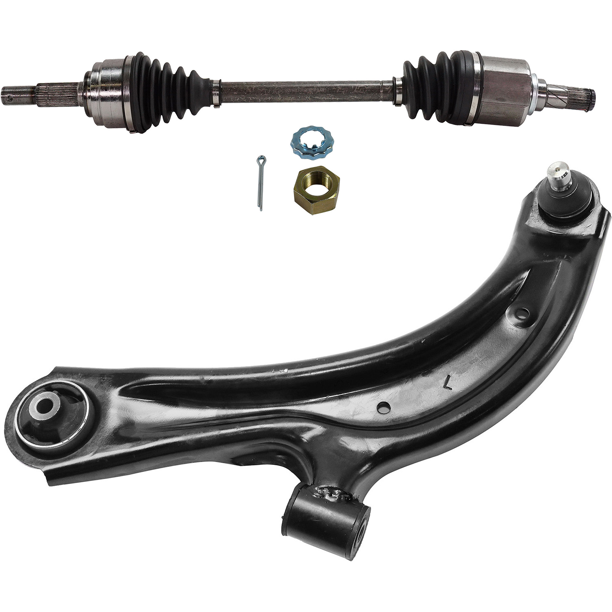 AM NV200-13-20 FRONT CV AXLE ASSEMBLY LH 6 pc kit w Brake Disc Brake Pad Set and Control Arm SKU KIT J042122-013 OEM 44733-850258-60067103-60068017