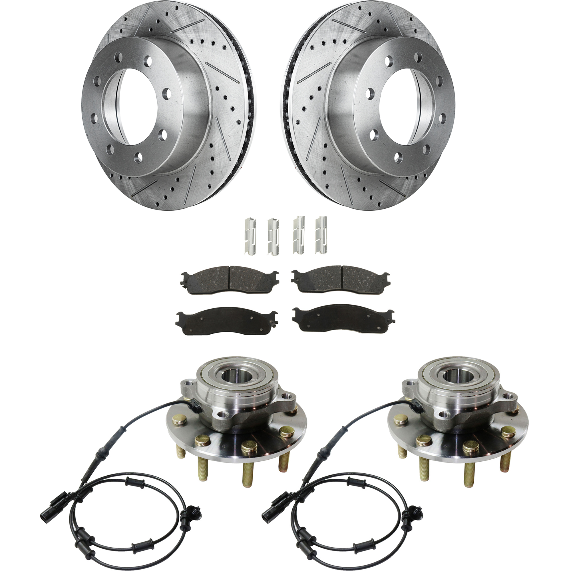 AM DODGE FULL SIZE P U 06-08 FRONT HUB ASSEMBLY RH AND LH 5 pc Kit with Brake Discs and Brake Pad Set SKU KIT J042621-05-89 OEM 5179955AA 2413-53012-145456-48