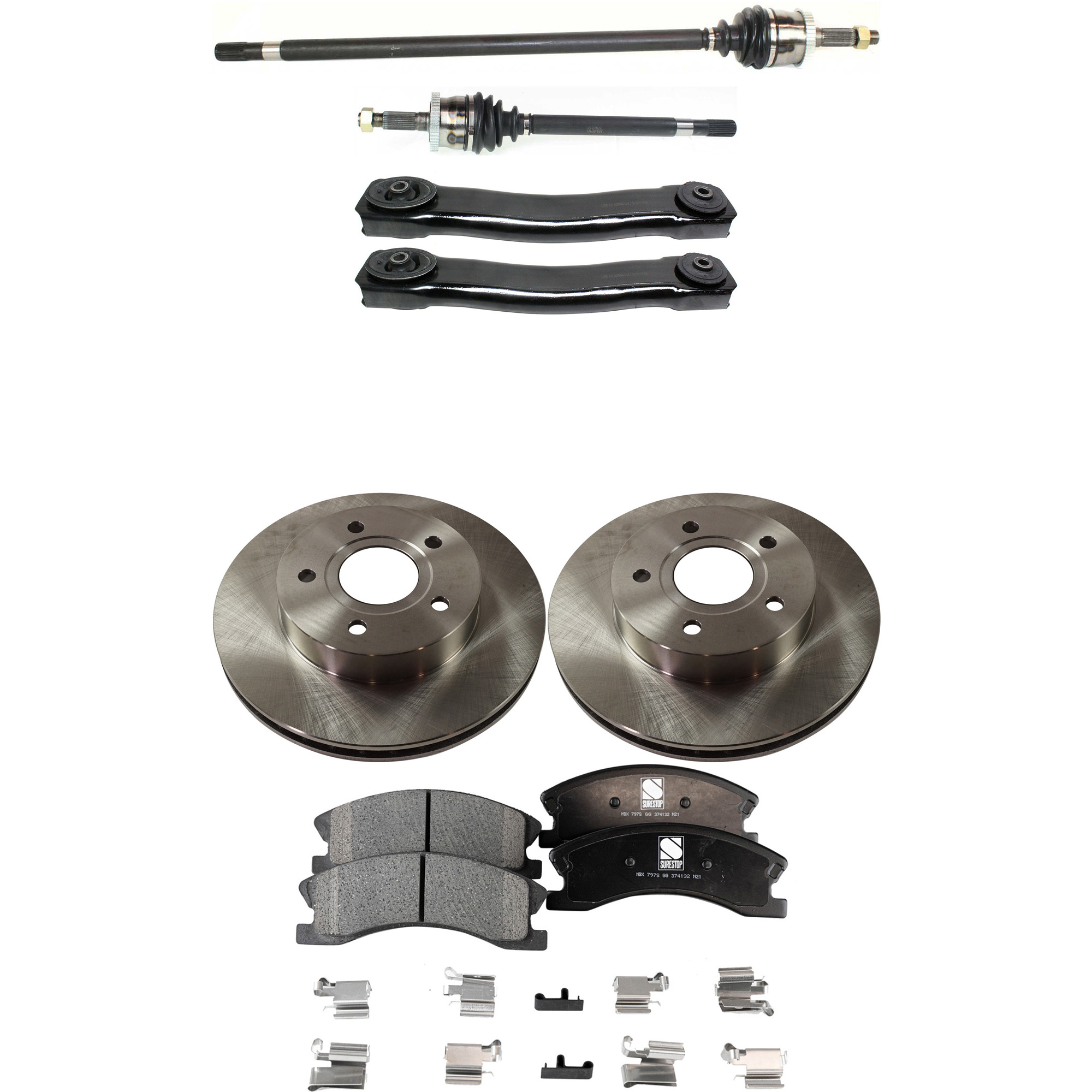 AM GRAND CHEROKEE 99-04 FRONT CV AXLE ASSEMBLY RH AND LH 8 pc kit with Brake Discs Brake Pad Set and Control Arms SKU KIT J050222-061 OEM 52098672-5093183AA 5093183AB 5