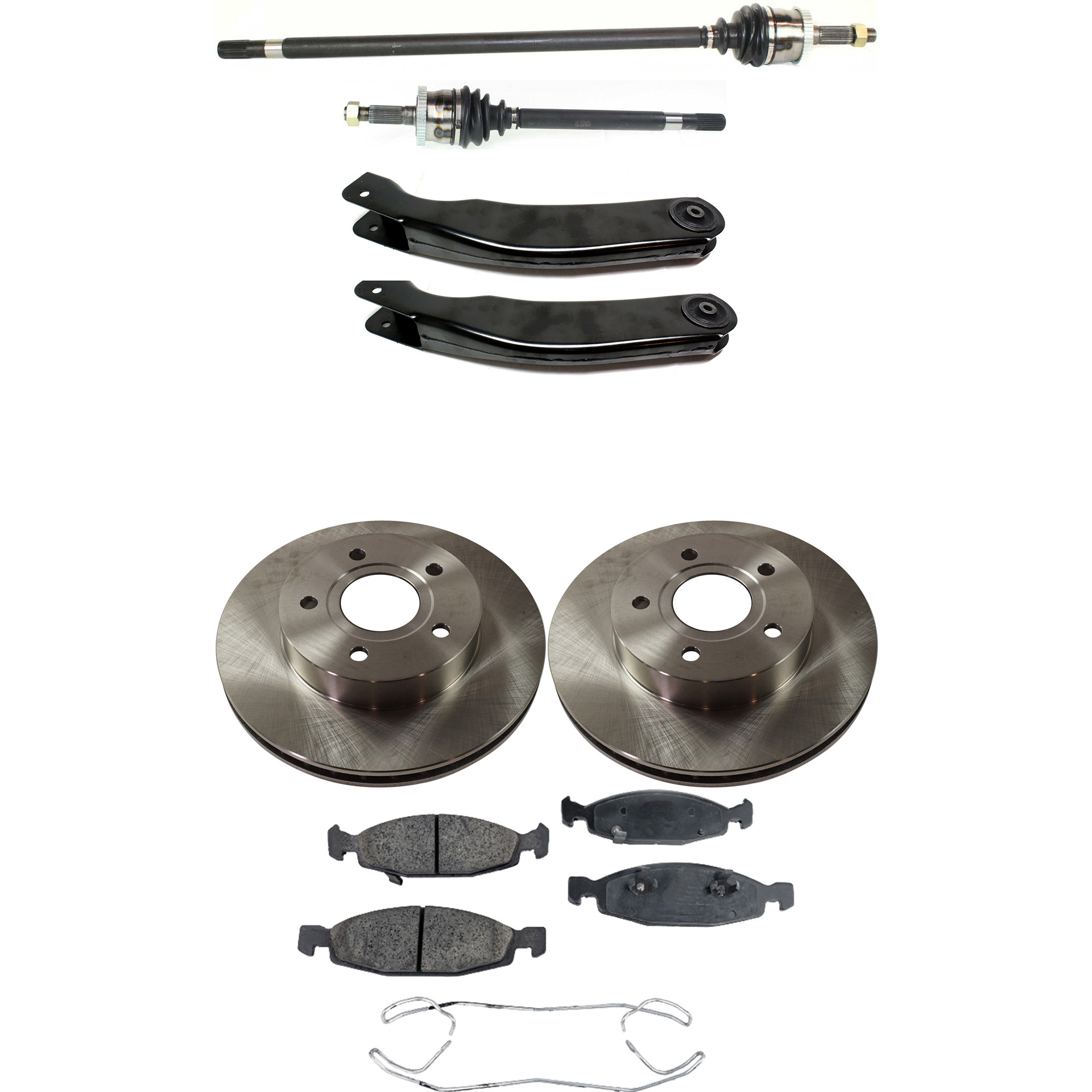 AM GRAND CHEROKEE 99-02 FRONT CV AXLE ASSEMBLY RH AND LH 8 pc kit with Brake Discs Brake Pad Set and Control Arms SKU KIT J050222-062 OEM 52098672-5011969AA 5018592AA 5