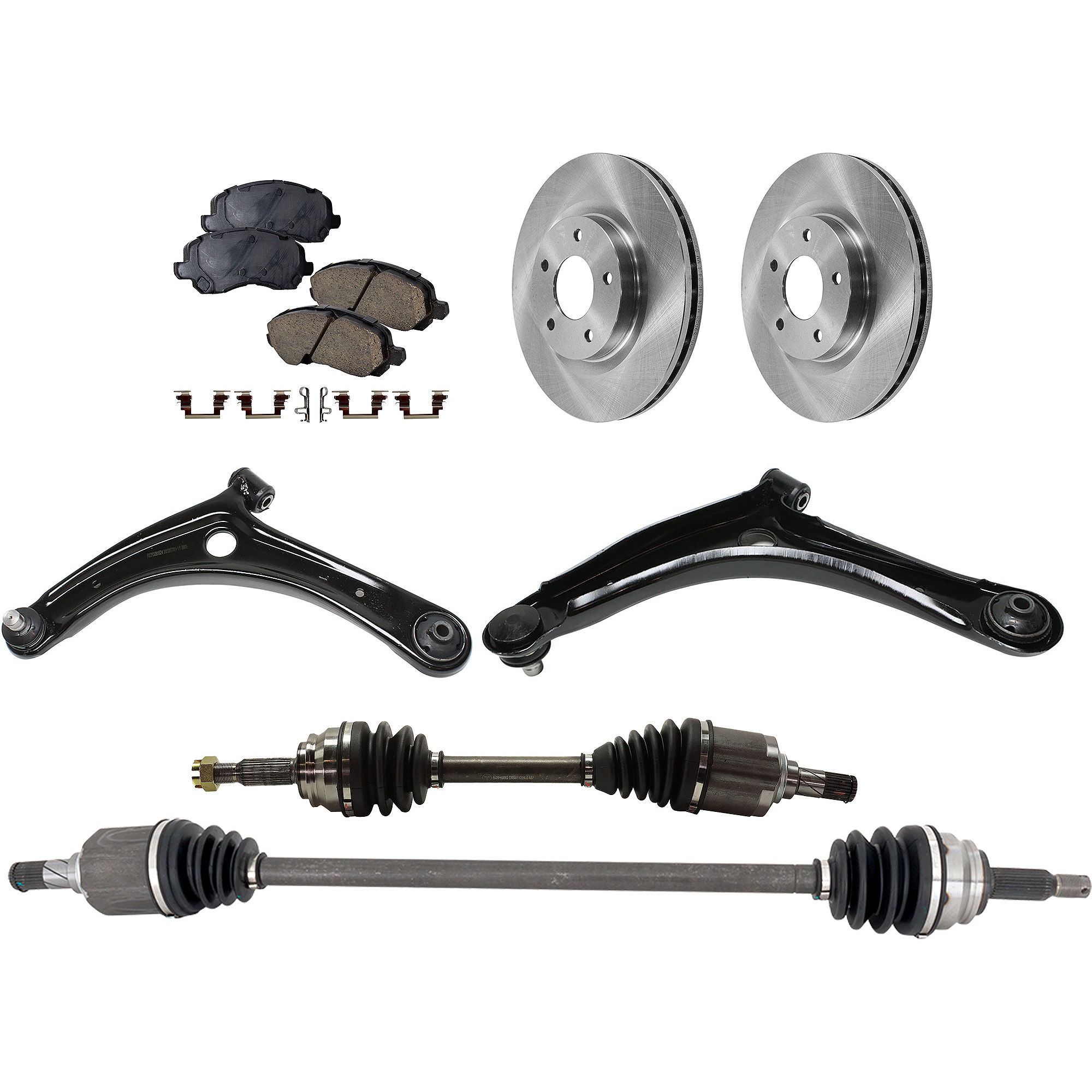 AM CALIBER 08-08 FRONT CV AXLE ASSEMBLY RH AND LH 8 pc kit w Brake Discs Brake Pad Set and Control Arms SKU KIT J050222-064 Partslink CH4510100 CH4511100 OEM 5105514AA 5105514-5191217AA 51