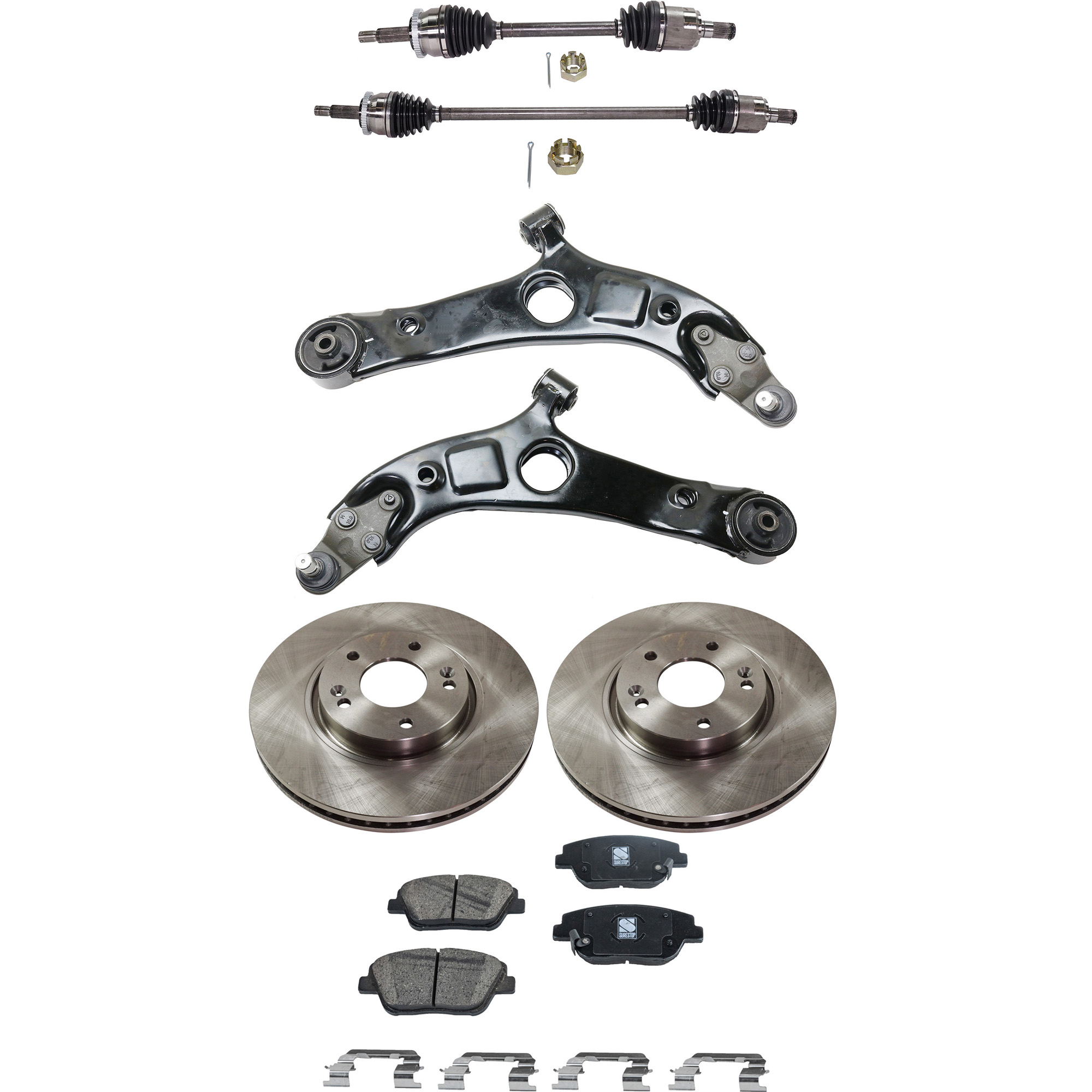 AM SONATA 11-14 FRONT CV AXLE ASSEMBLY RH AND LH 8 pc kit with Brake Discs Brake Pad Set and Control Arms SKU KIT J050222-072 OEM 517123K100-581013QA10-581013QA