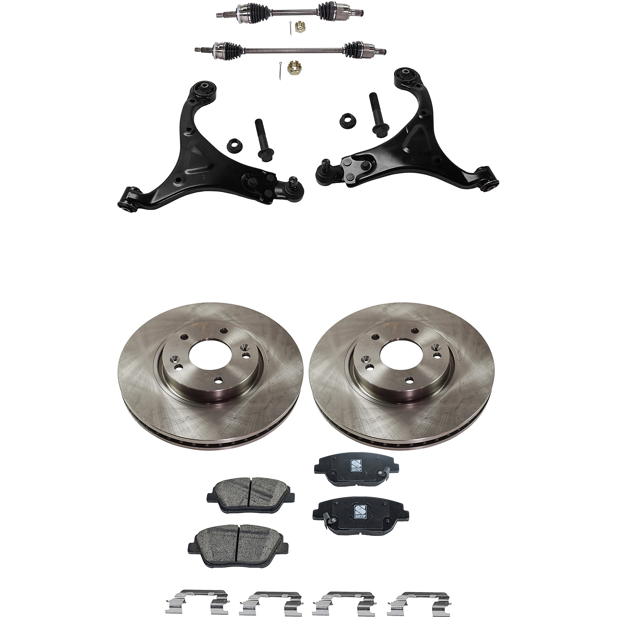 AM SONATA 11-14 FRONT CV AXLE ASSEMBLY RH AND LH 8 pc kit with Brake Discs Brake Pad Set and Control Arms SKU KIT J050222-073 OEM 517123K100-581013QA10-581013QA