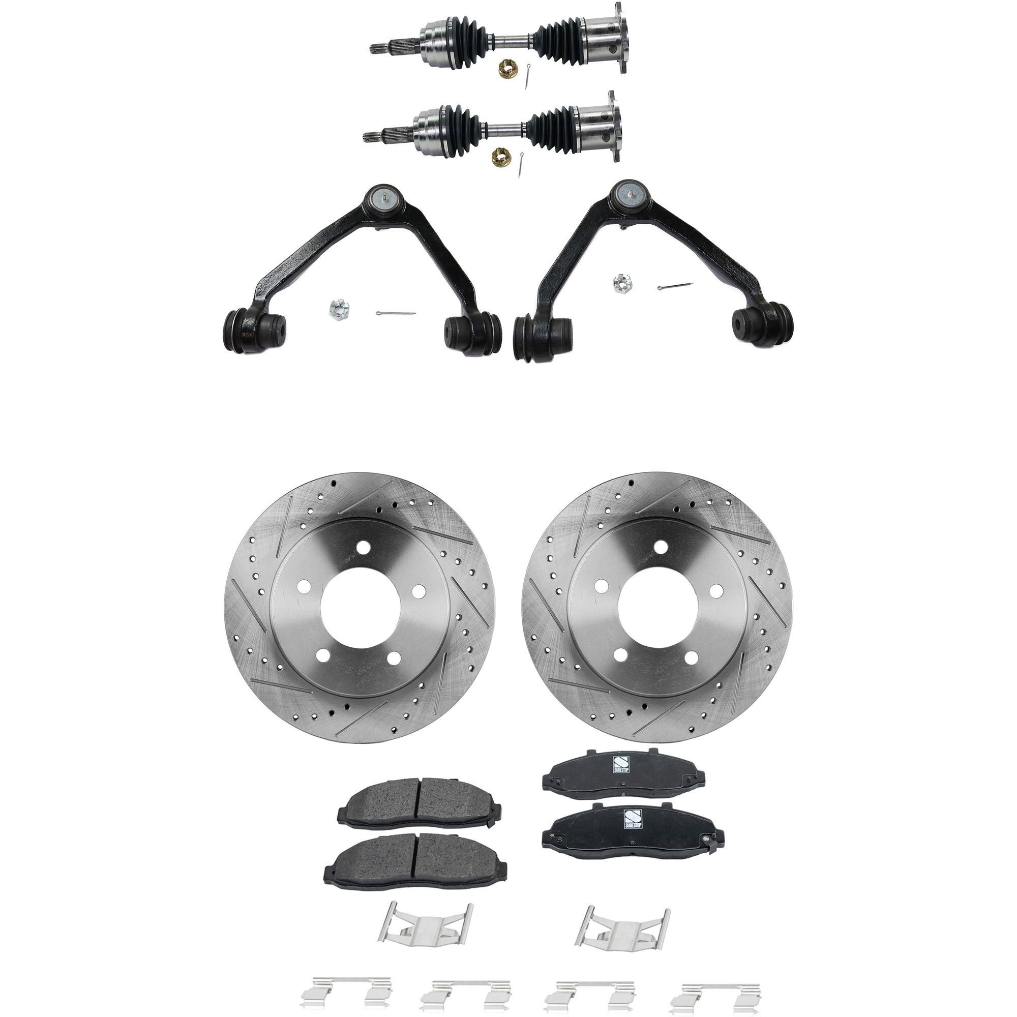 AM F 150-97-03 F 150 HERITAGE 04-04 FRONT CV AXLE ASSEMBLY RH AND LH 8 pc kit with Brake Disc Brake Pad Set and Control Arms SKU KIT J052722-003 OEM 19773-27015-54042-65925-66630