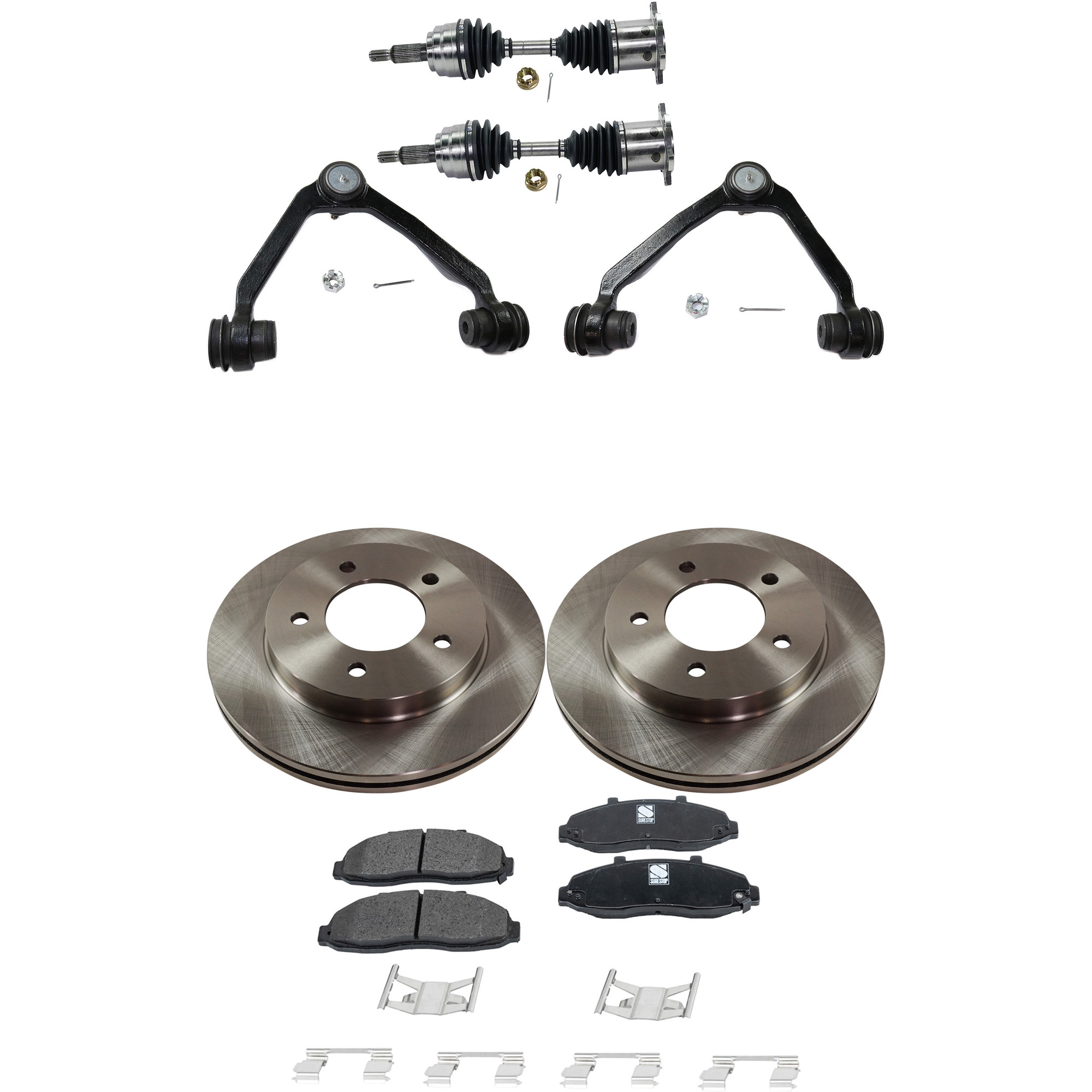 AM F 150-97-03 F 150 HERITAGE 04-04 FRONT CV AXLE ASSEMBLY RH AND LH 7 pc kit 4WD with Brake Discs Brake Pad Set and Control Arms SKU KIT J052722-022 OEM F65Z1125AC F65Z2001AA F6SZ2001
