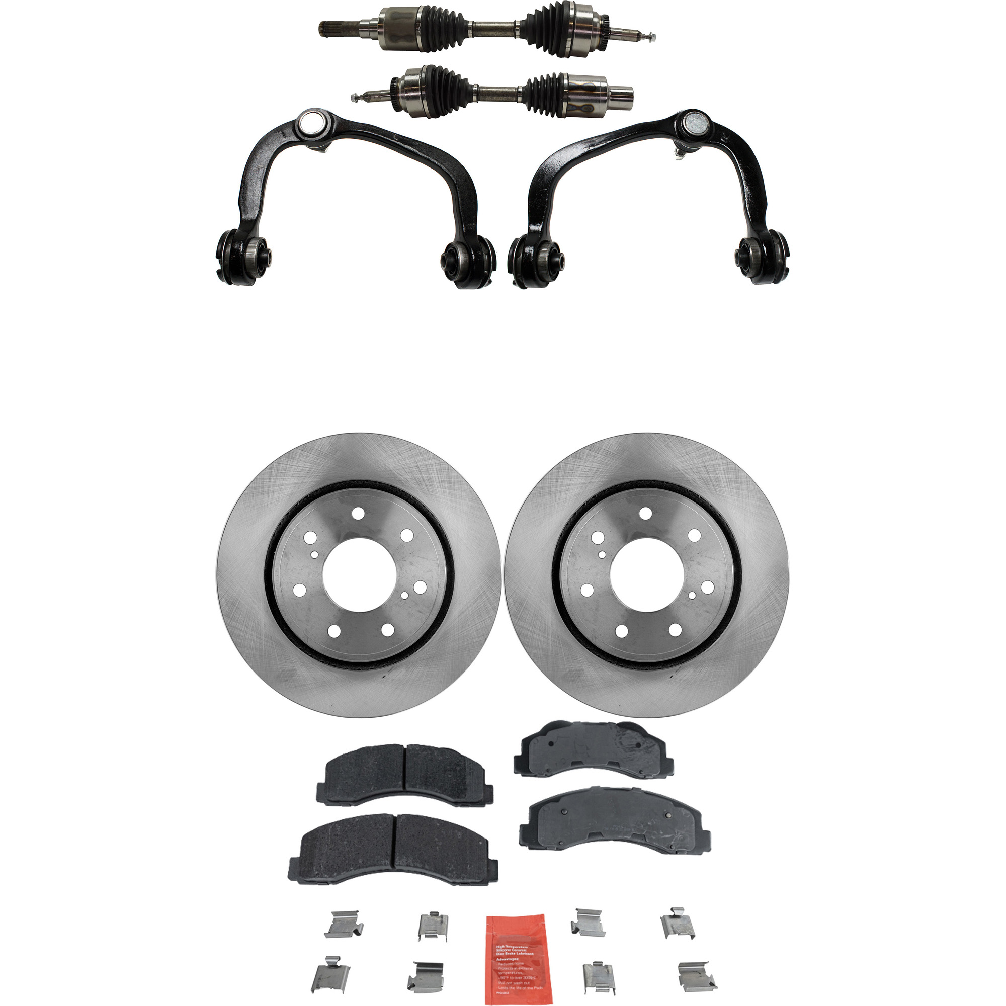 AM F 150-10-14 FRONT CV AXLE ASSEMBLY RH AND LH 8 pc Kit w Brake Discs Brake Pad Set and Control Arms SKU KIT J052722-123 OEM 42275-54173-850190-900848-6005