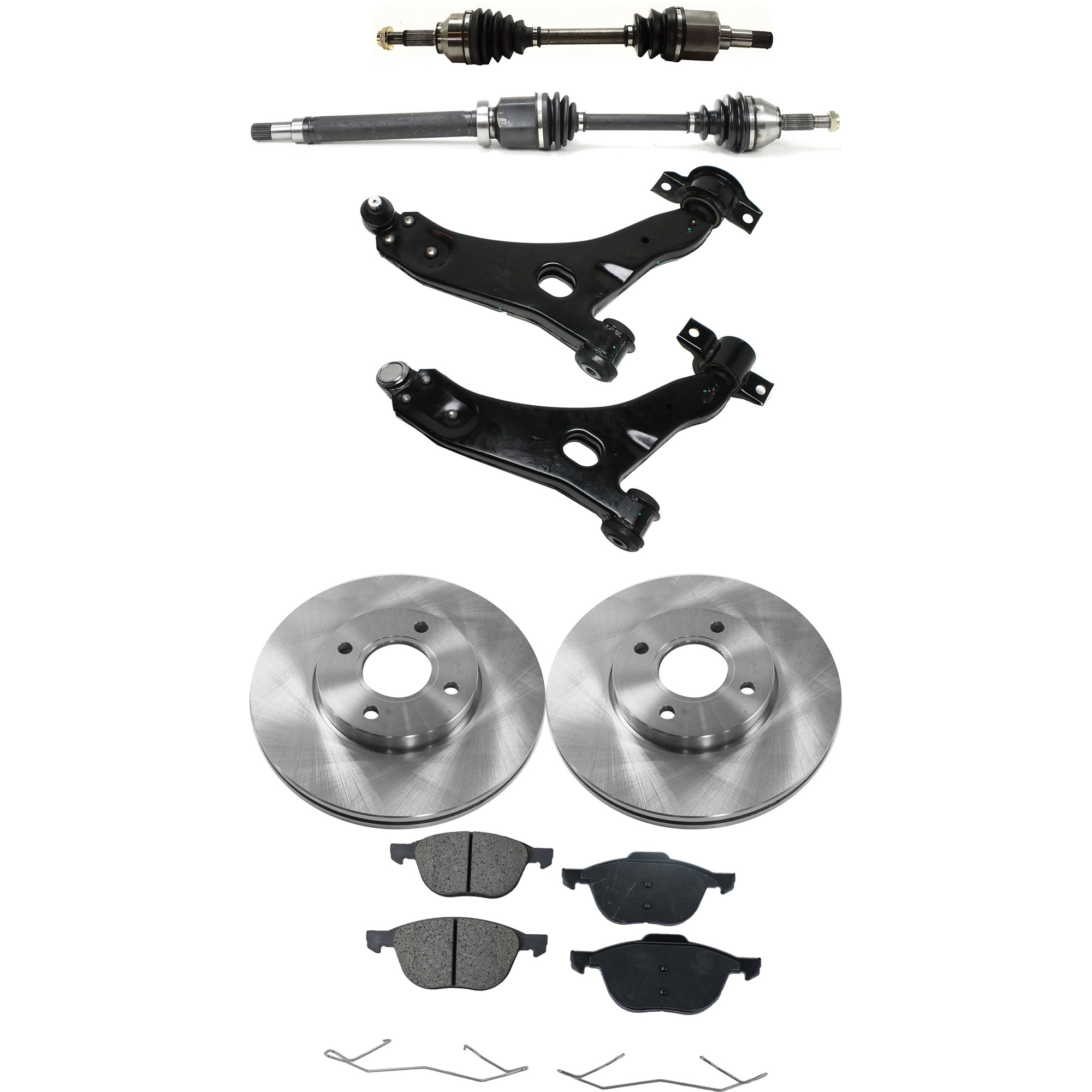 AM FOCUS 05-07 FRONT CV AXLE ASSEMBLY RH AND LH 8 pc kit with Brake Discs Brake Pad Set and Control Arms SKU KIT J052722-127 OEM 4S4Z1125AA 306817390-306835540