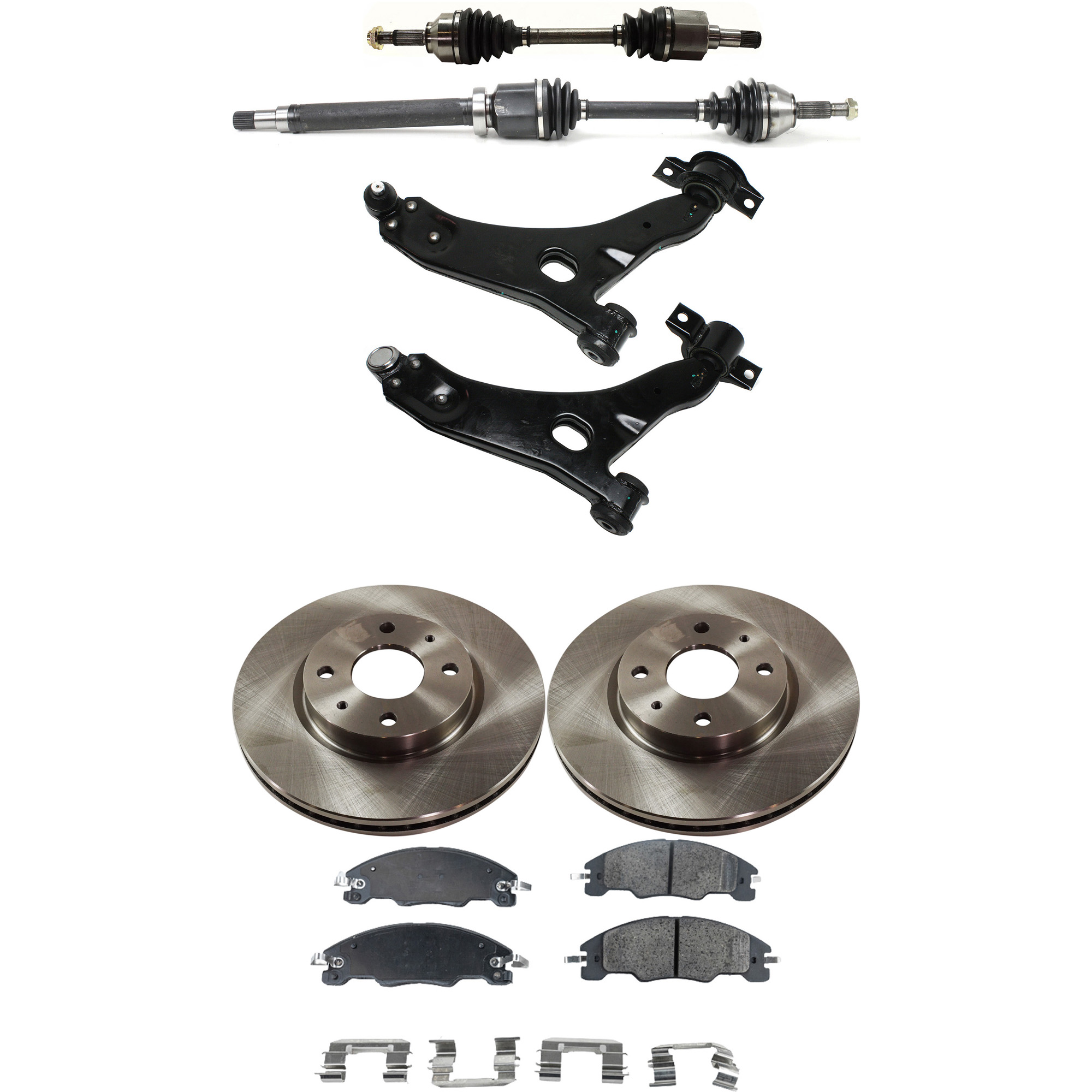 AM FOCUS 08-11 FRONT CV AXLE ASSEMBLY RH AND LH 8 pc kit with Brake Discs Brake Pad Set and Control Arms SKU KIT J052722-128 OEM 9S4Z1125A 8S4Z1125A 8S4Z2001A