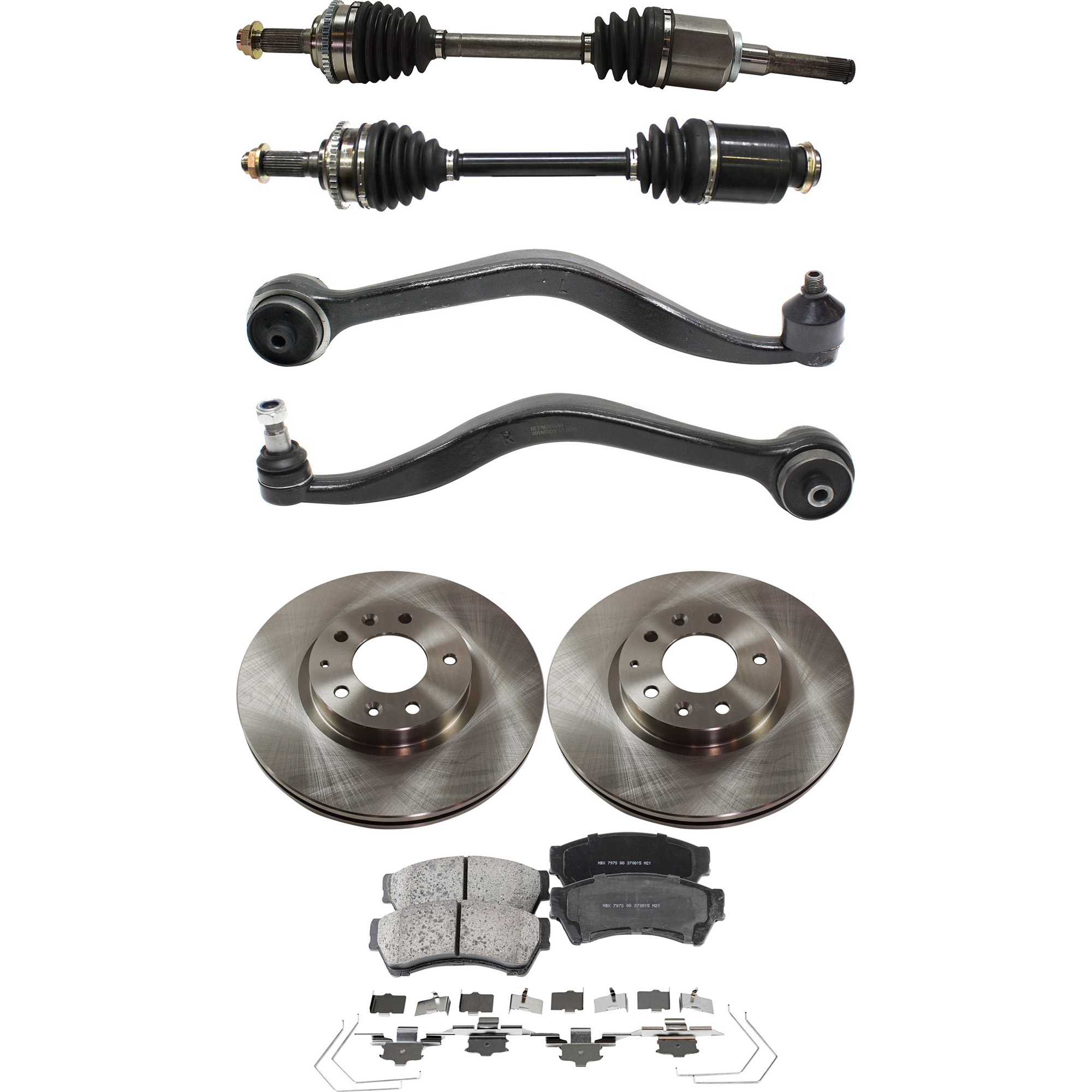 AM MILAN 10-11 FUSION 10-12 FRONT CV AXLE ASSEMBLY RH AND LH 8 pc kit with Brake Discs Brake Pad Set and Control Arms SKU KIT J052722-177 OEM 6E5Z1125AA GP7Y3325XB 9E5Z1125