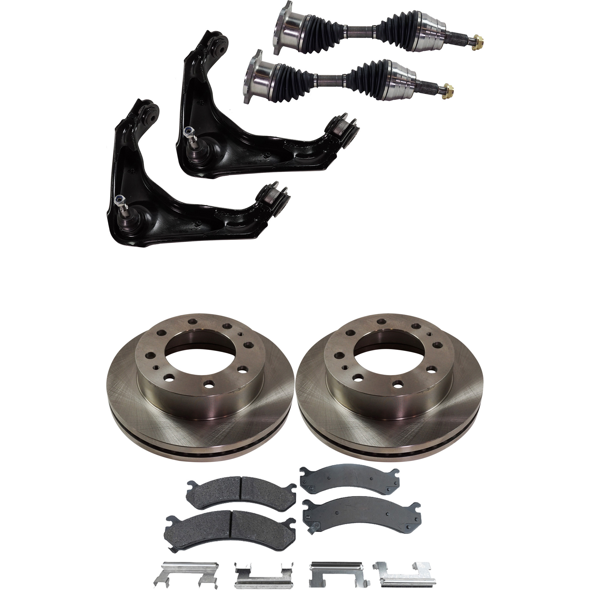AM SILVERADO SIERRA 2500 HD 01-10 FRONT CV AXLE ASSEMBLY RH AND LH 8 pc kit with Axle Assemblies Brake Discs Brake Pad Set and Control Arms SKU KIT J060222-020 OEM 15733625-18026219-18042334-180