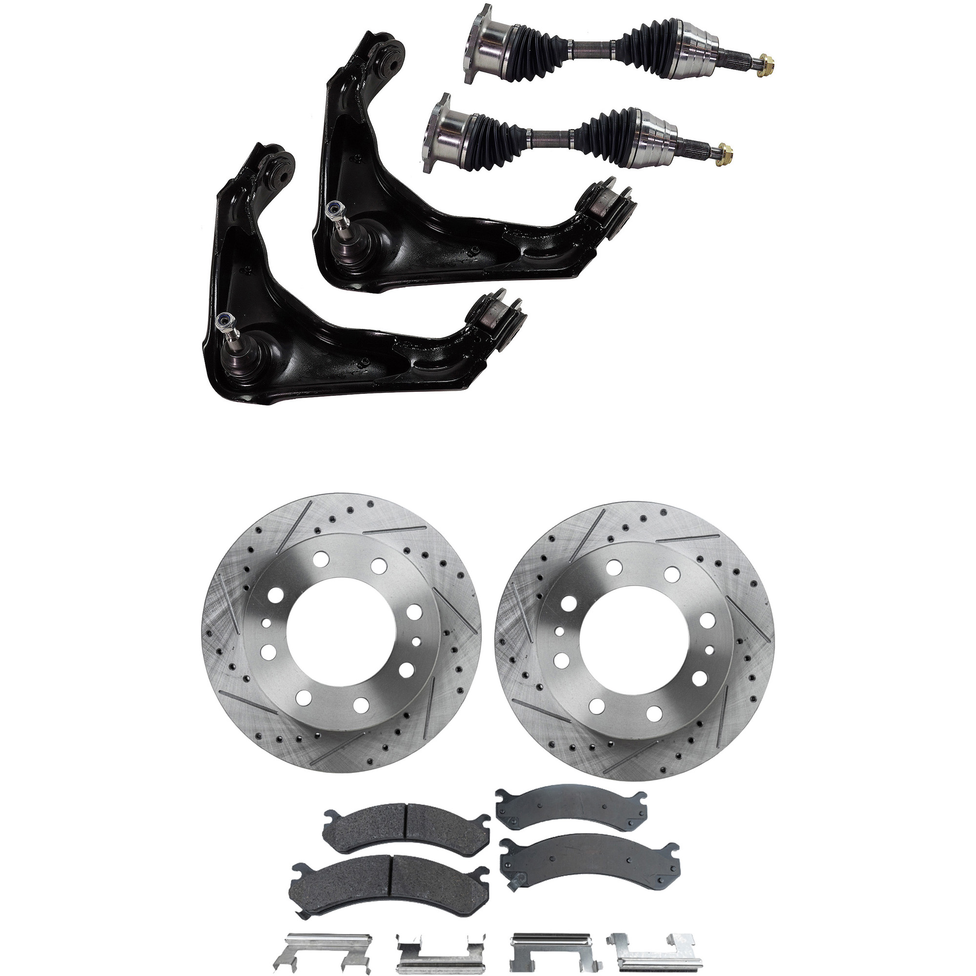 AM SILVERADO SIERRA 99-07 SUBURBAN 2500-00-13 FRONT CV AXLE ASSEMBLY RH AND LH 8 pc kit with Brake Discs Brake Pad Set and Control Arms SKU KIT J060222-040 OEM 55056-56829-56999-86829-101421