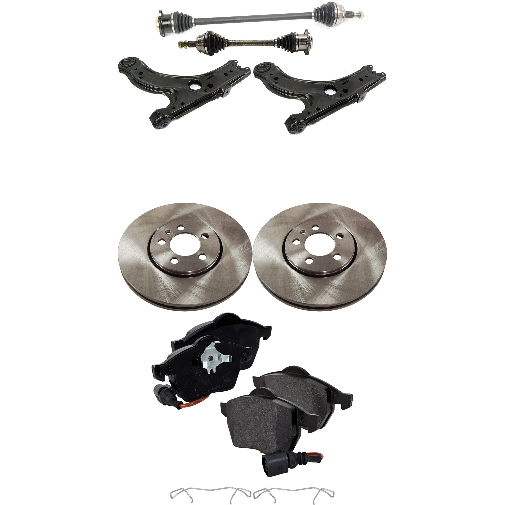 AM BEETLE 99-05 JETTA 00-05 FRONT CV AXLE ASSEMBLY RH AND LH 7 pc kit with Brake Discs Brake Pad Set and Control Arms SKU KIT J060222-055 OEM 1J0615301R 1J0698151K 1J069815