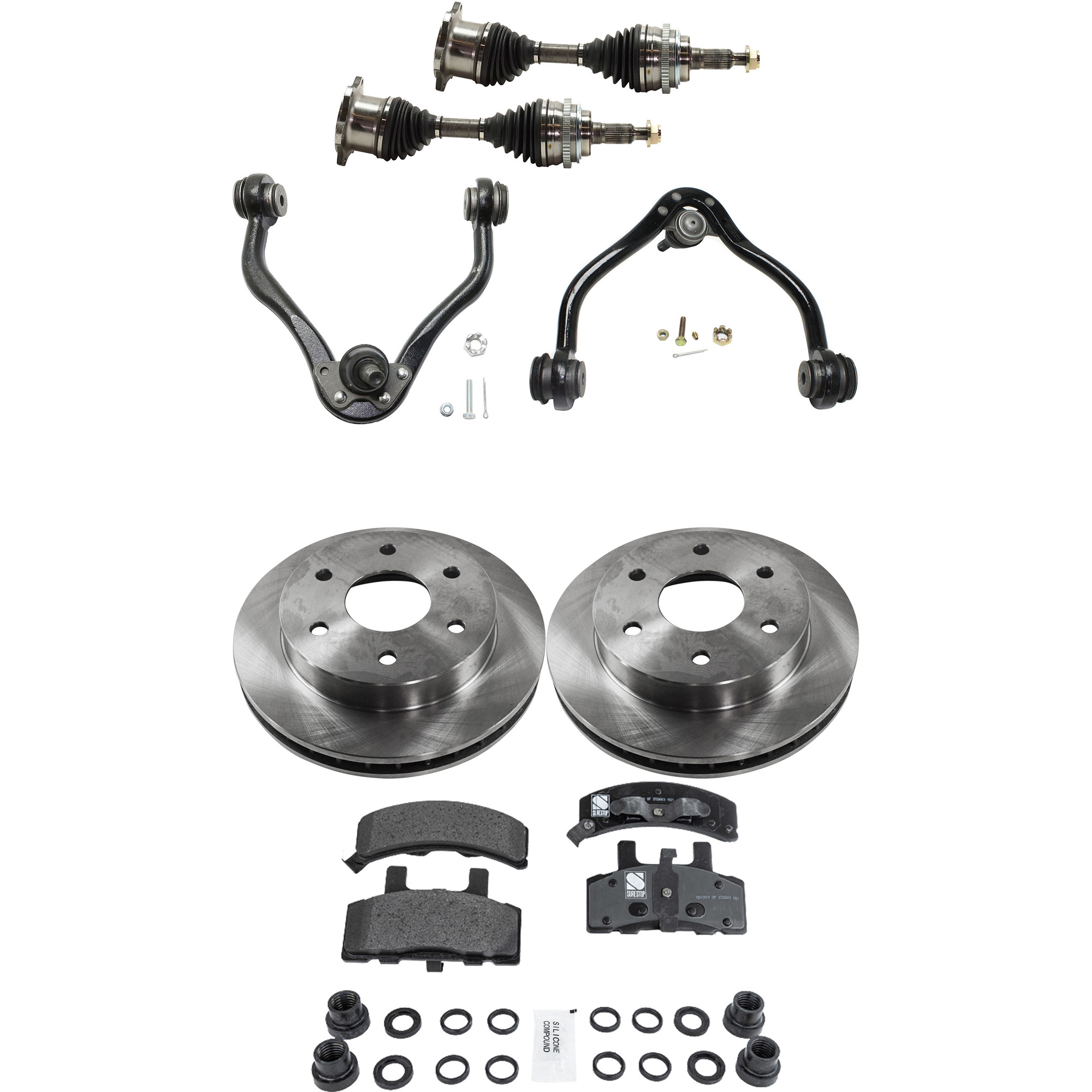 AM K2500-89-95 K1500 SUBURBAN 95-99 FRONT CV AXLE ASSEMBLY RH AND LH 7 pc kit with Brake Discs Brake Pad Set and Control Arms SKU KIT J060222-056 OEM 155-219-021-567-971-000-000-000-000