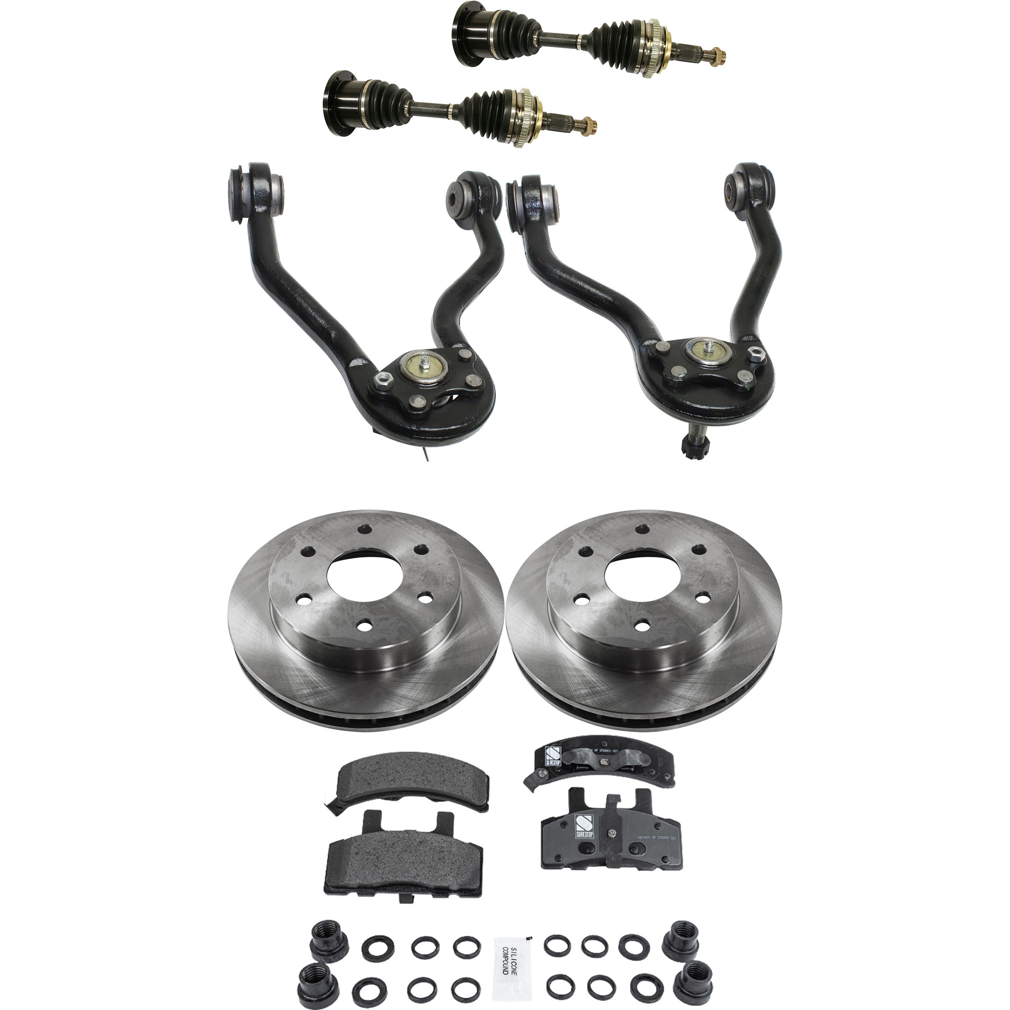 AM K2500-88-95 TAHOE 95-97 FRONT CV AXLE ASSEMBLY RH AND LH 8 pc kit with Brake Discs Brake Pad Set and Control Arms SKU KIT J060222-058 OEM 15521902-15679710-12321430-123