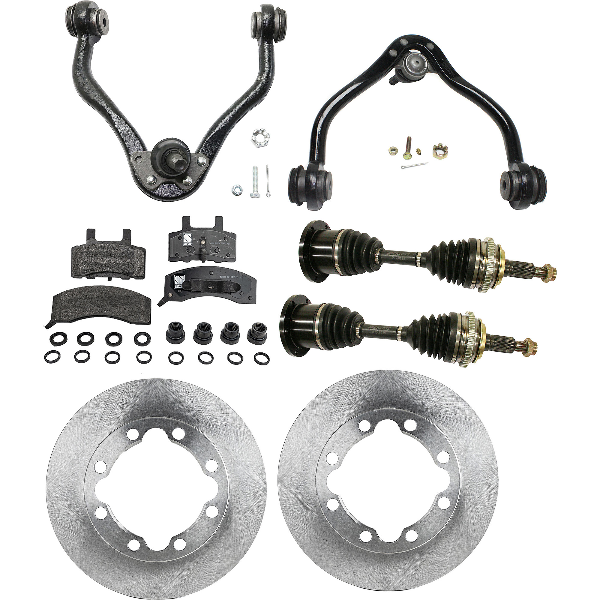AM C K FULL SIZE P U 89-97 FRONT CV AXLE ASSEMBLY RH AND LH 8 pc kit w Brake Discs Brake Pad Set and Control Arms SKU KIT J060222-070 OEM 4798315-52007851-12549136-1556