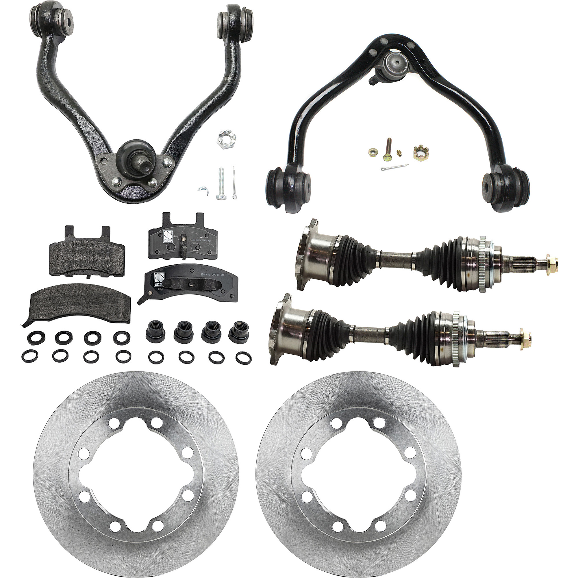AM C K FULL SIZE P U 88-00 FRONT CV AXLE ASSEMBLY RH AND LH 8 pc kit with Brake Discs Brake Pad Set and Control Arms SKU KIT J060222-073 OEM 4798315-52007851-12549136-1556